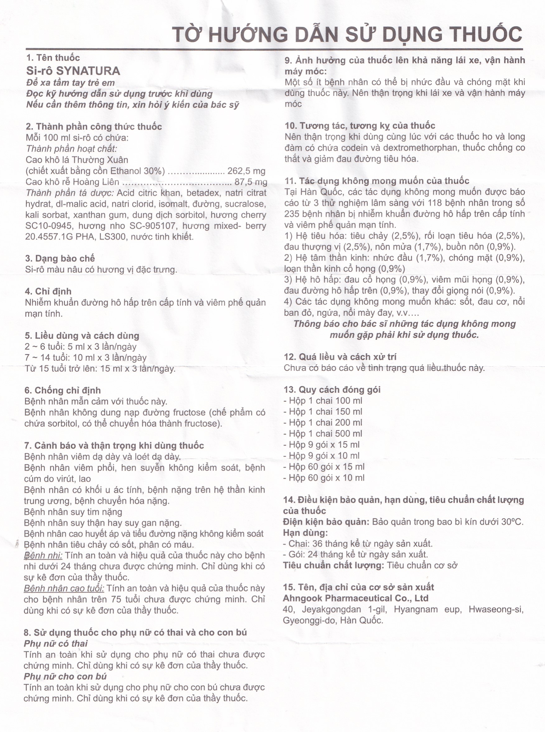 Hình ảnh Siro Synatura Ahngook điều trị nhiễm khuẩn hô hấp, viêm phế quản (100ml)