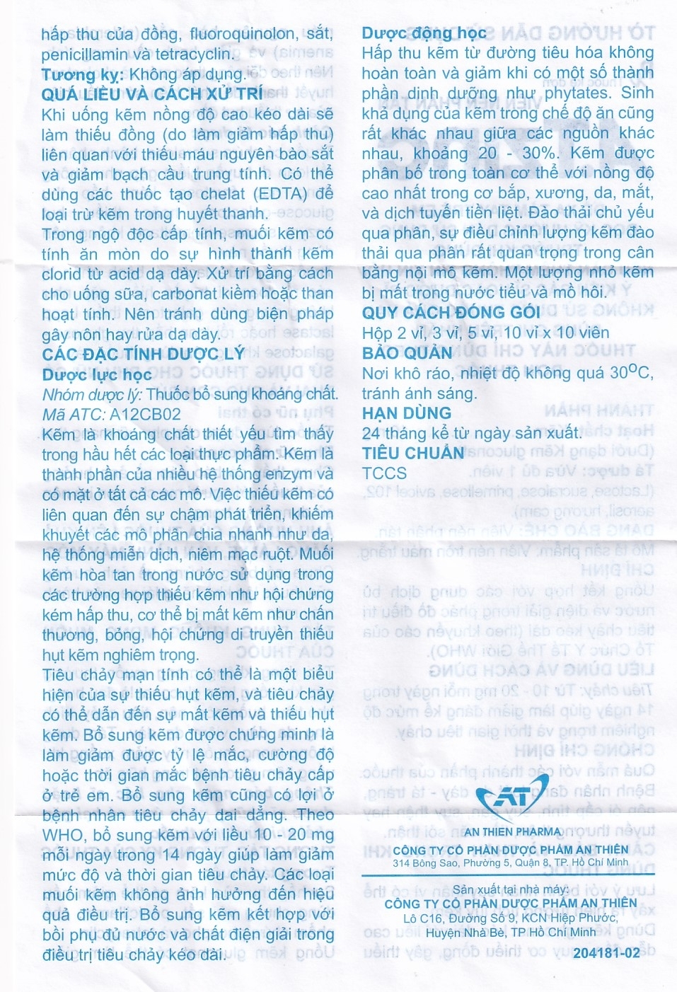 Hình ảnh Thuốc A.T Zinc 10mg An Thiên điều trị tiêu chảy kéo dài (10 vỉ x 10 viên)