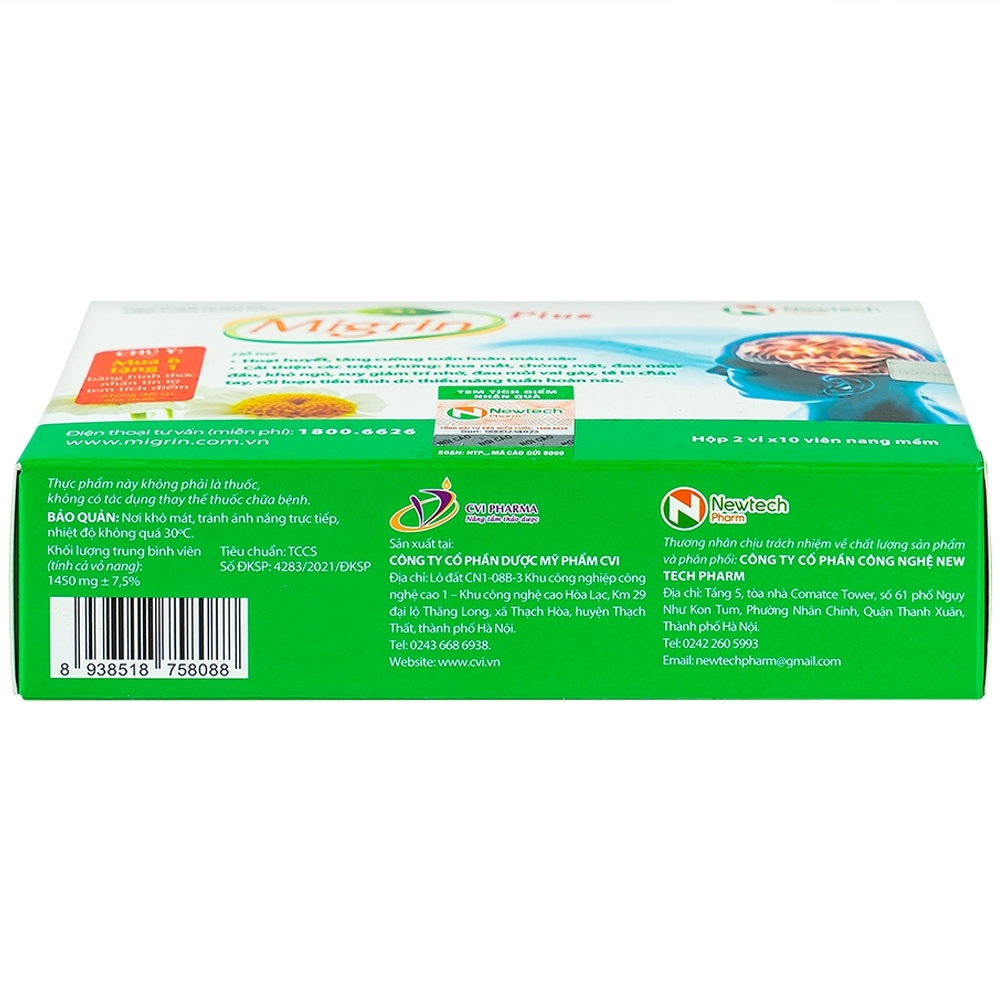 Hình ảnh Viên uống Migrin Plus CVI Pharma hỗ trợ hoạt huyết, tăng cường tuần hoàn máu não (2 vỉ x 10 viên)