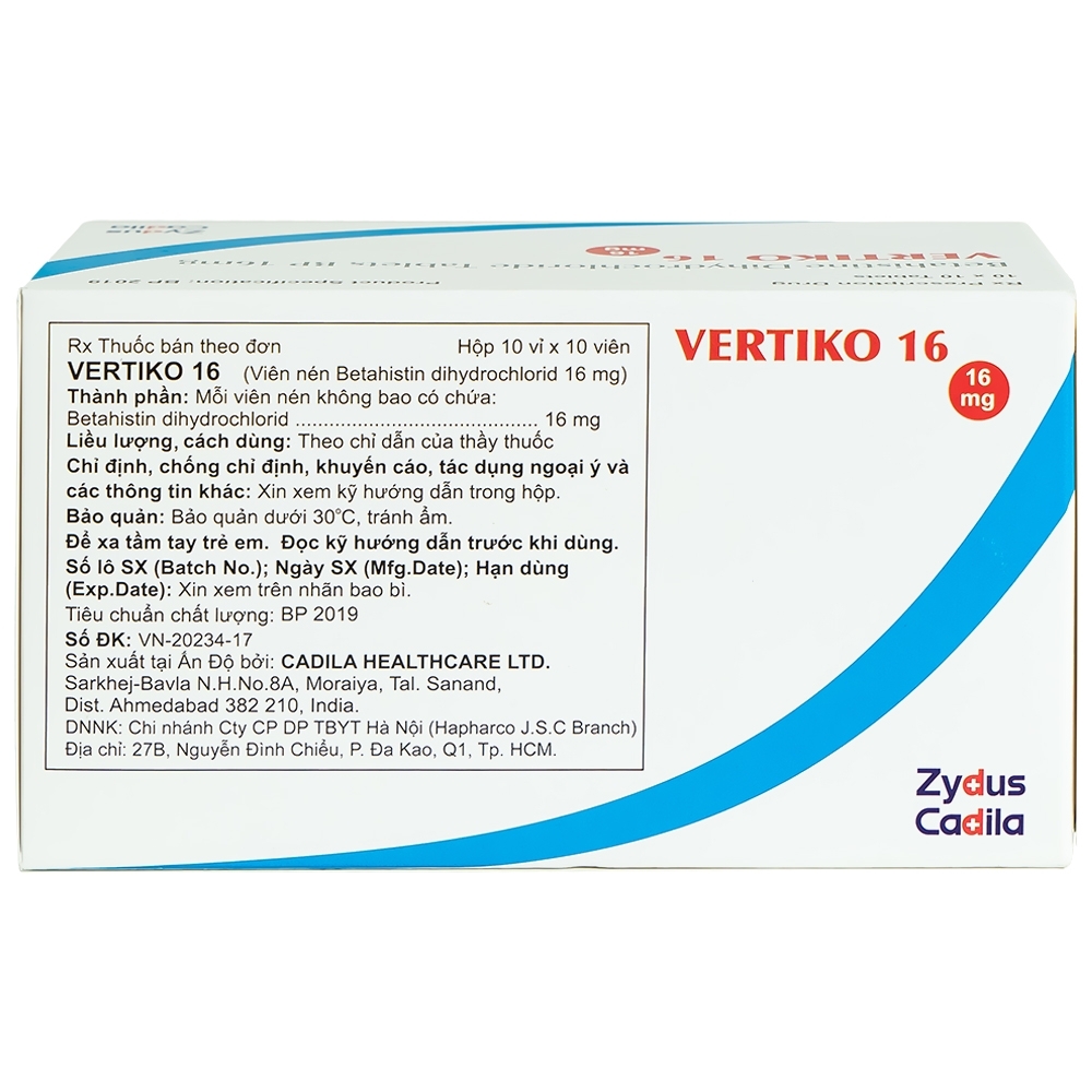 Hình ảnh Thuốc Vertiko 16 Cadila điều trị chóng mặt, suy giảm thính giác (10 vỉ x 10 viên)