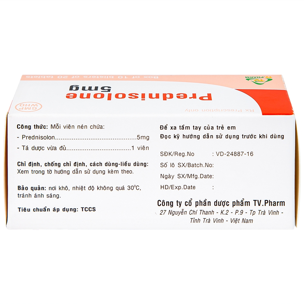 Hình ảnh Thuốc Prednisolone 5mg TV.Pharm chống viêm, chống dị ứng và ức chế miễn dịch (10 vỉ x 20 viên)