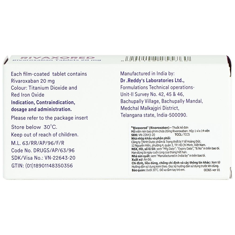 Hình ảnh Thuốc Rivaxored 20mg Dr.Reddy's phòng ngừa thuyên tắc huyết khối tĩnh mạch (1 vỉ x 14 viên)