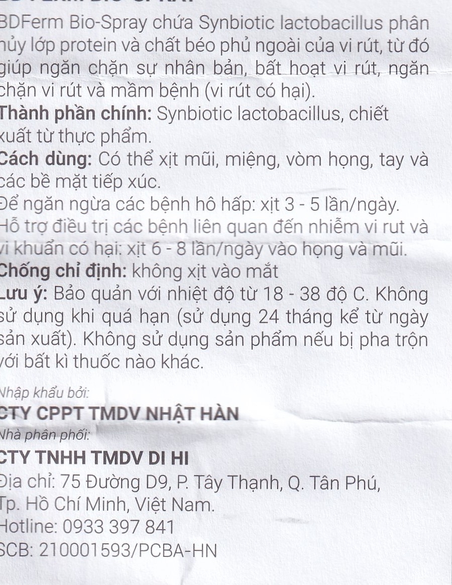 Hình ảnh Men vi sinh kháng khuẩn dạng xịt BDFerm Bio - Spray 30ml ngăn ngừa các bệnh hô hấp