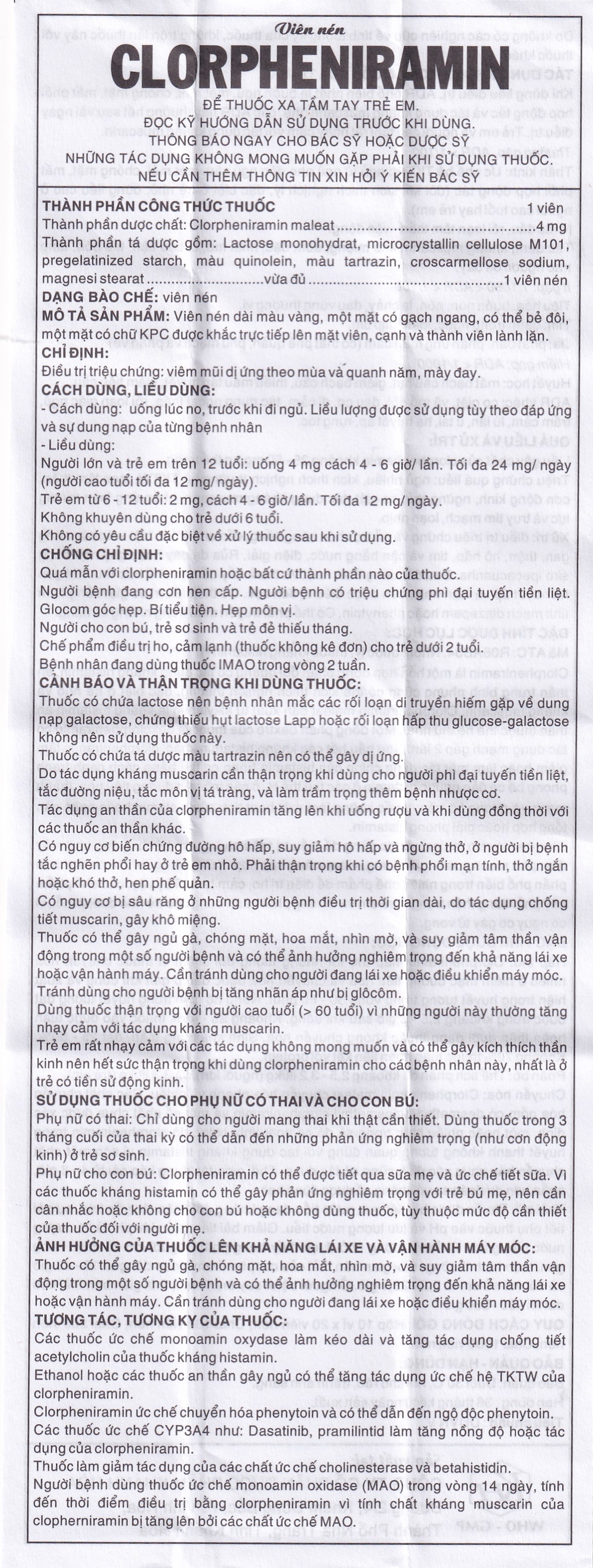Hình ảnh Thuốc Clorpheniramin 4mg Khapharco điều trị triệu chứng viêm mũi dị ứng theo mùa, quanh năm và mày đay (10 vỉ x 20 viên)