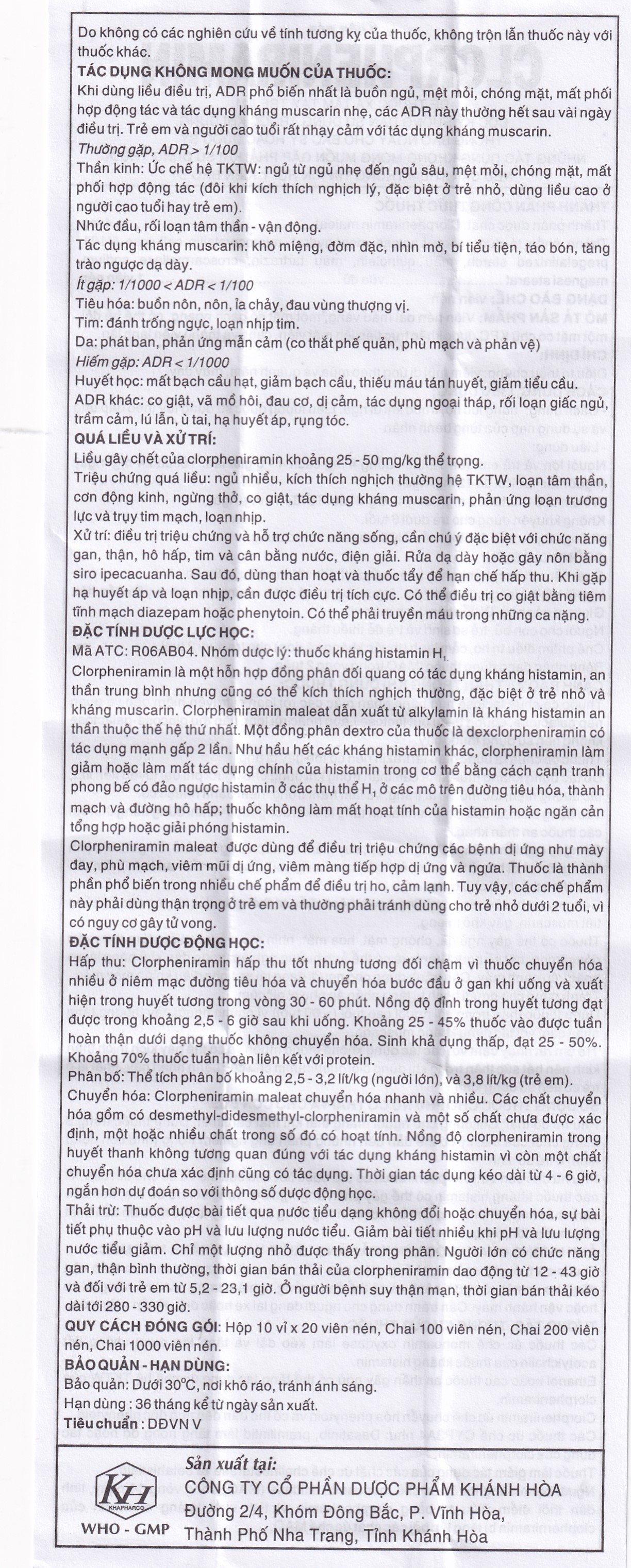 Hình ảnh Thuốc Clorpheniramin 4mg Khapharco điều trị triệu chứng viêm mũi dị ứng theo mùa, quanh năm và mày đay (10 vỉ x 20 viên)