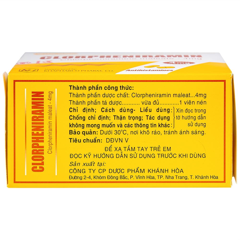Hình ảnh Thuốc Clorpheniramin 4mg Khapharco điều trị triệu chứng viêm mũi dị ứng theo mùa, quanh năm và mày đay (10 vỉ x 20 viên)