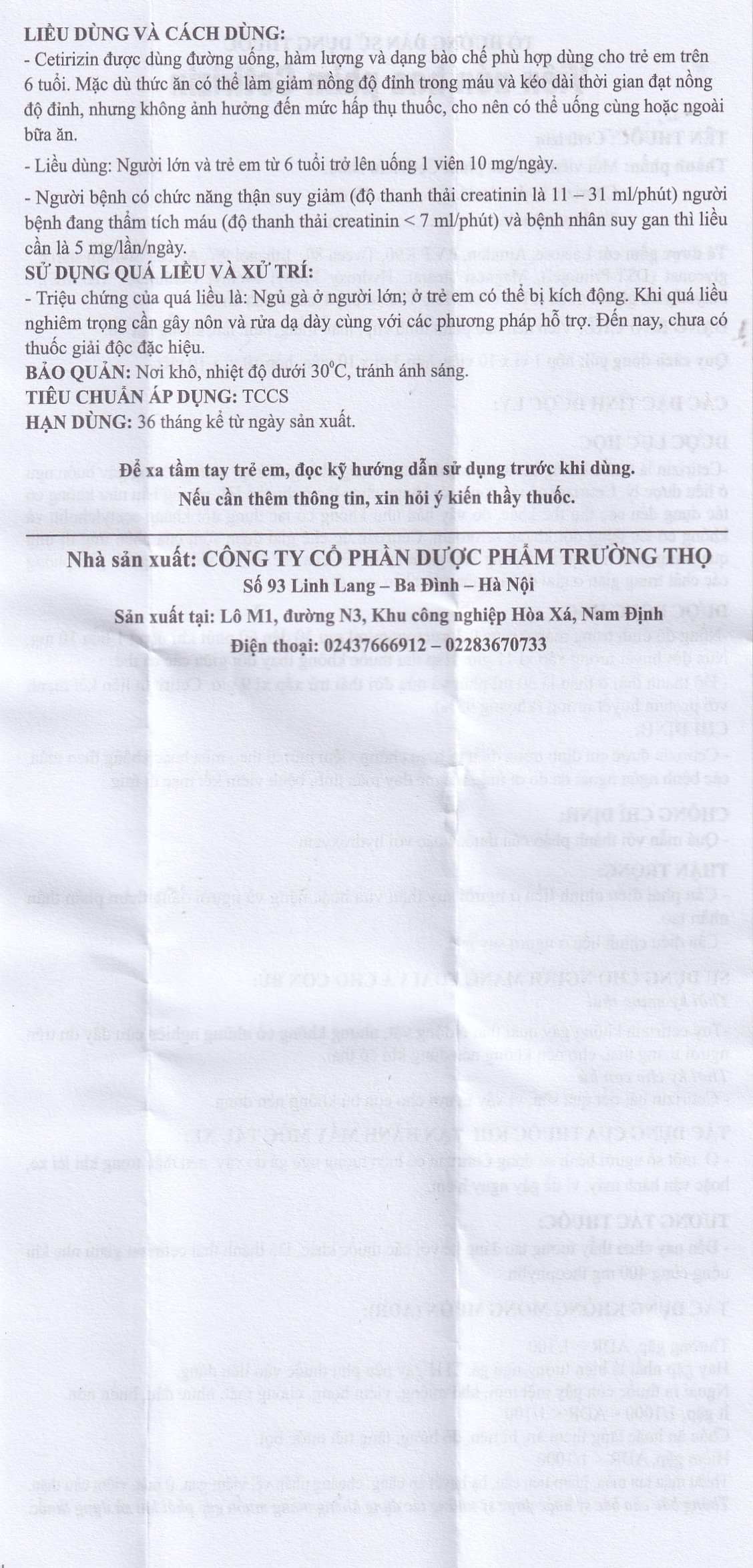 Hình ảnh Thuốc Cetirizin 10mg Trường Thọ trị ngứa ngoài da do dị ứng (10 vỉ x 10 viên)