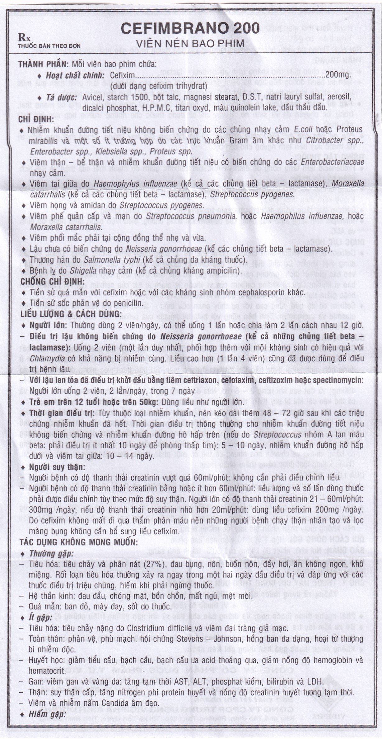 Hình ảnh Thuốc Cefimbrano 200mg Vidipha điều trị nhiễm khuẩn (1 vỉ x 10 viên)