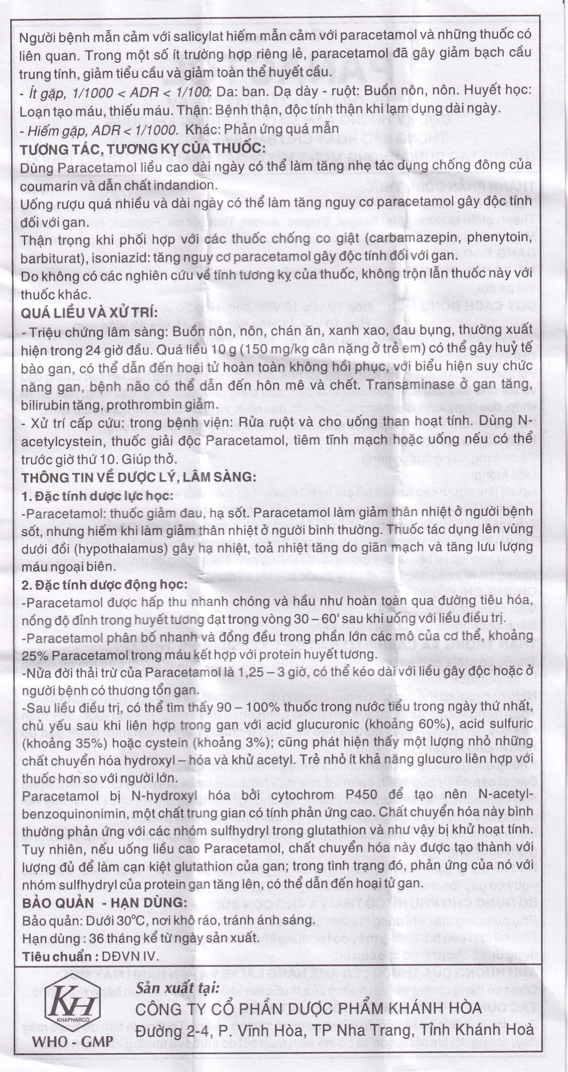 Hình ảnh Viên nén Panactol 500mg Khapharco giảm đau, hạ sốt, điều trị đau đầu, đau răng (10 vỉ x 10 viên)