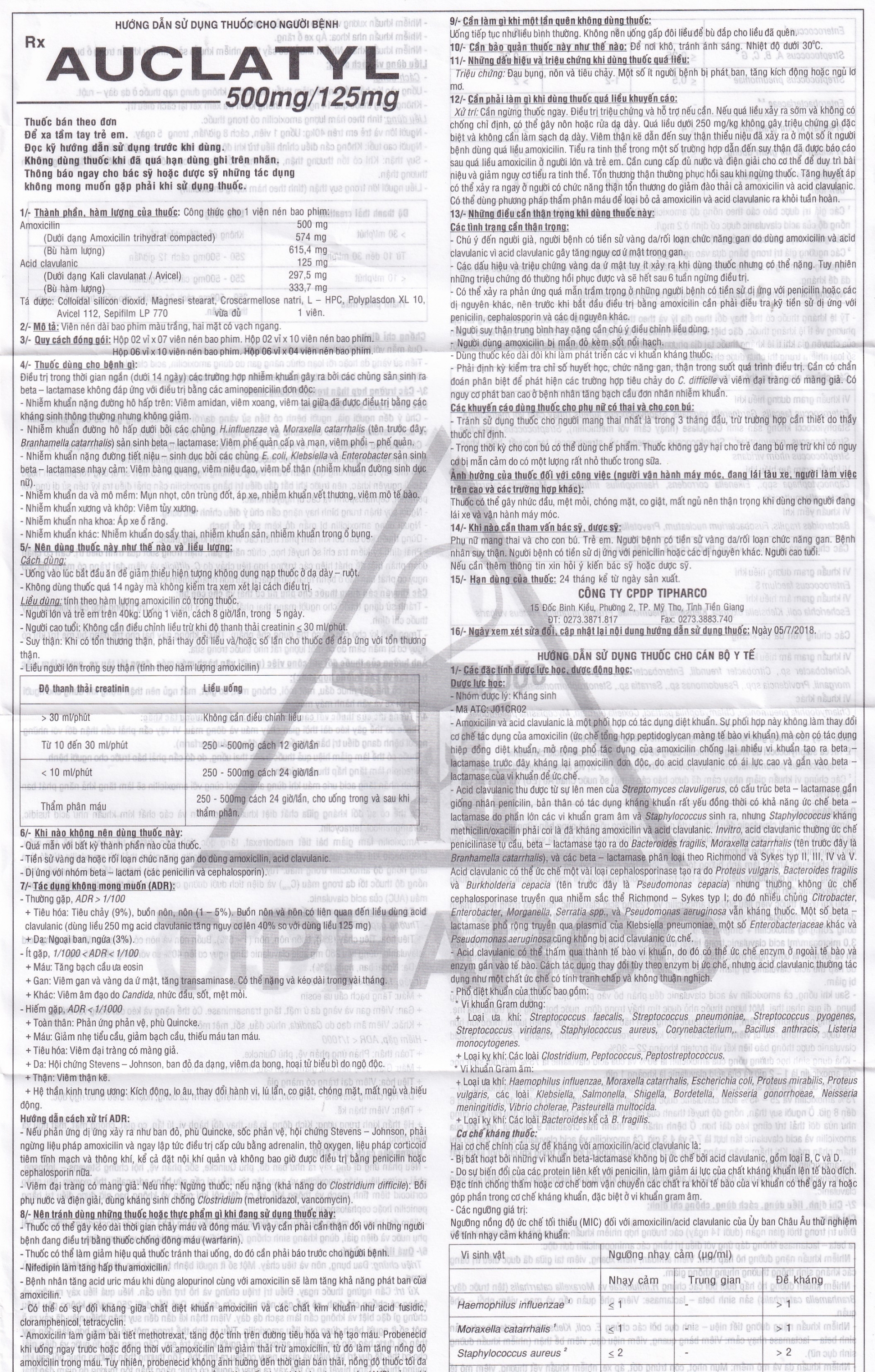 Hình ảnh Thuốc Auclatyl 500mg/125mg Tipharco điều trị nhiễm khuẩn (2 vỉ x 10 viên)