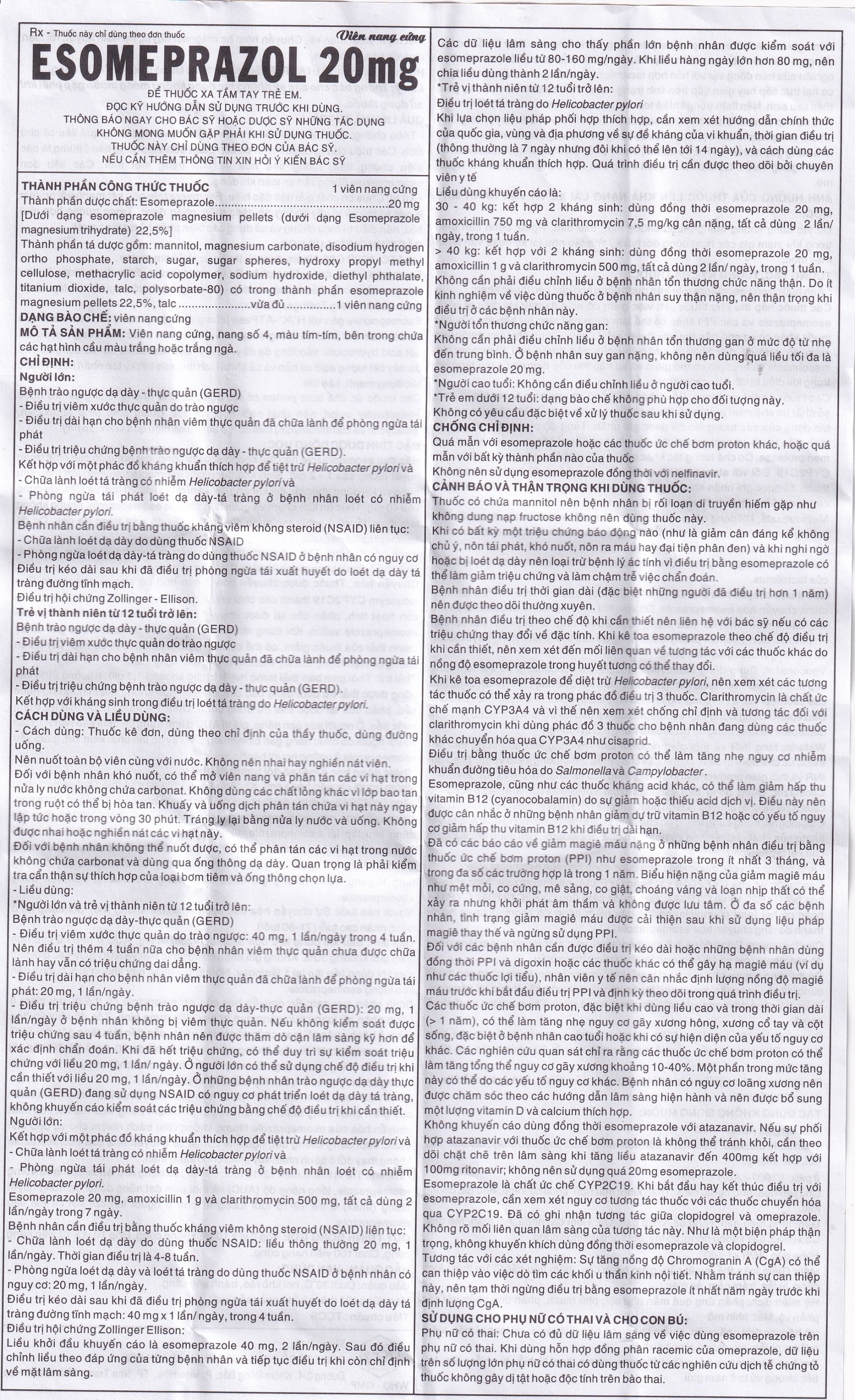 Hình ảnh Thuốc Esomeprazol 20mg điều trị trào ngược dạ dày, thực quản (10 vỉ x 10 viên)