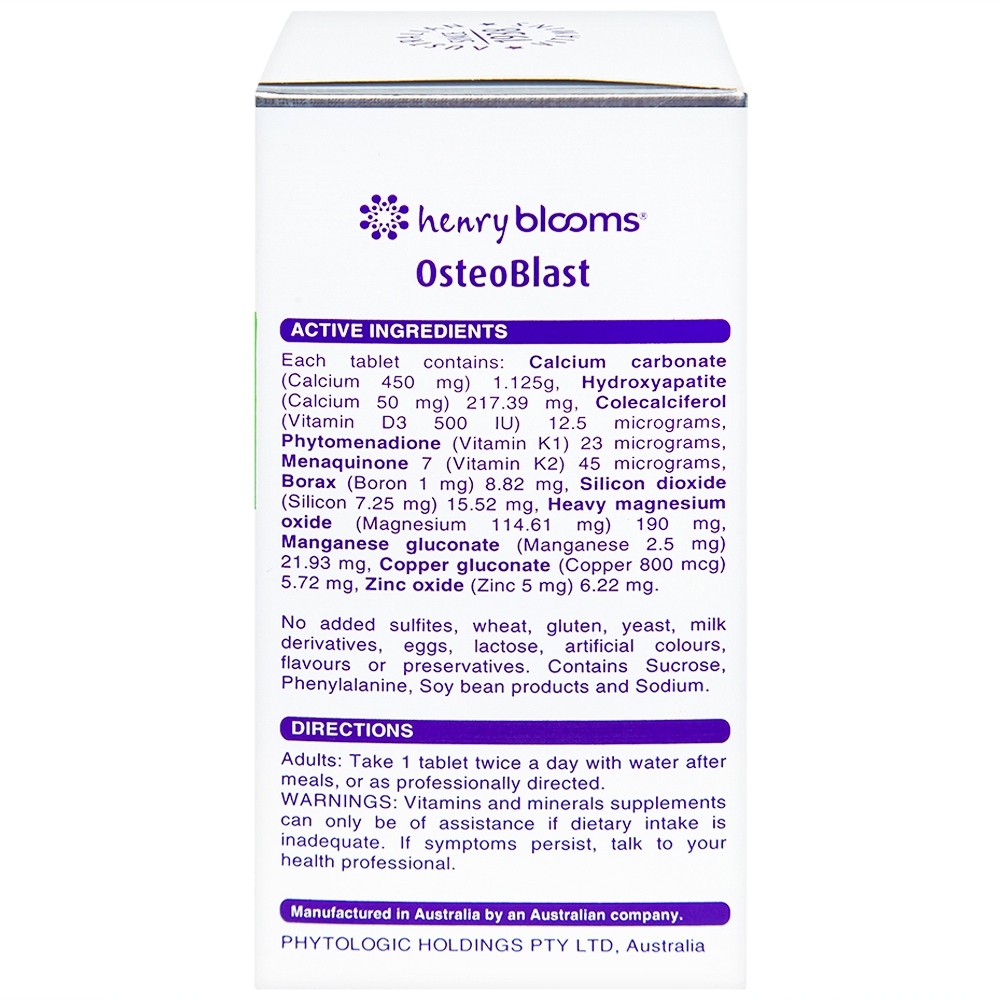 Hình ảnh Viên uống OsteoBlast Henry Blooms bổ sung Canxi, Vitamin D3 và khoáng chất thiết yếu (60 viên)