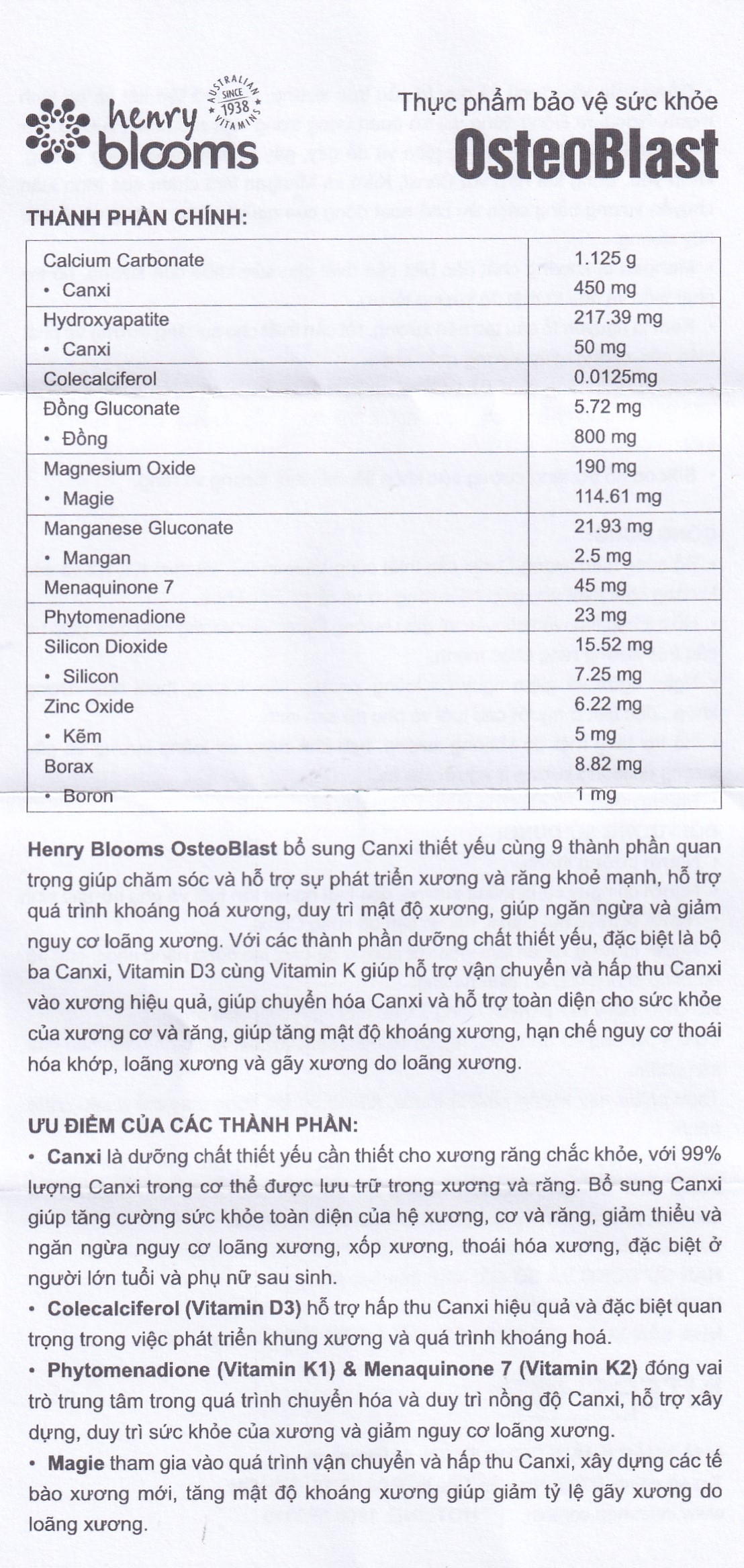 Hình ảnh Viên uống OsteoBlast Henry Blooms bổ sung Canxi, Vitamin D3 và khoáng chất thiết yếu (60 viên)