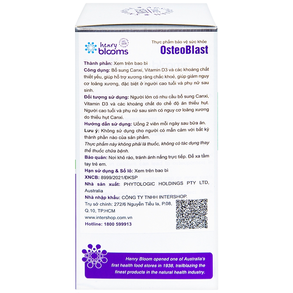 Hình ảnh Viên uống OsteoBlast Henry Blooms bổ sung Canxi, Vitamin D3 và khoáng chất thiết yếu (60 viên)