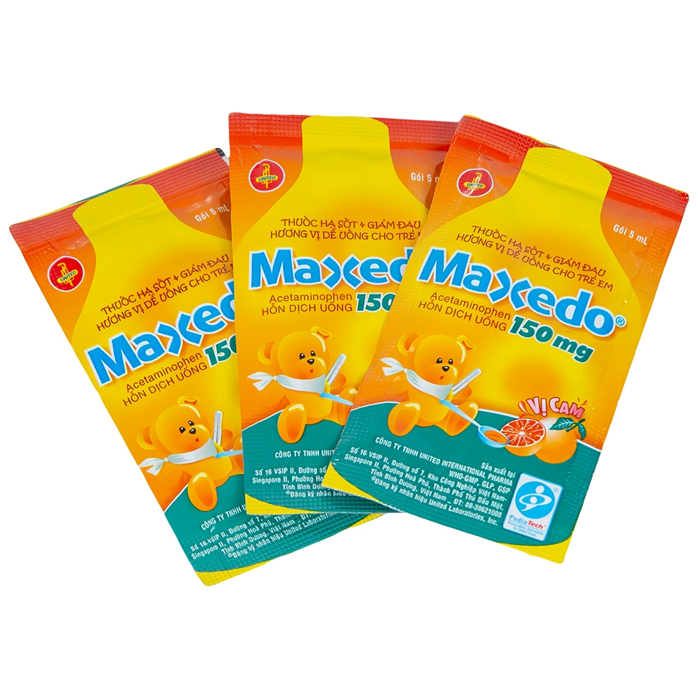 Hình ảnh Hỗn dịch uống Maxedo 150mg United hạ sốt, giảm đau nhức do cảm cúm, viêm amidan (30 gói x 5ml)