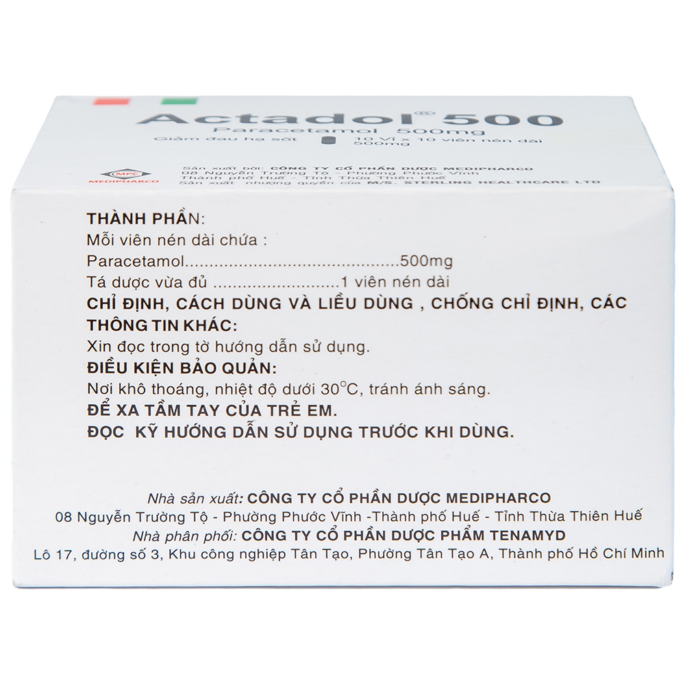 Hình ảnh Thuốc Actadol 500 Medipharco điều trị các chứng đau và sốt từ nhẹ đến vừa (10 vỉ x 10 viên)