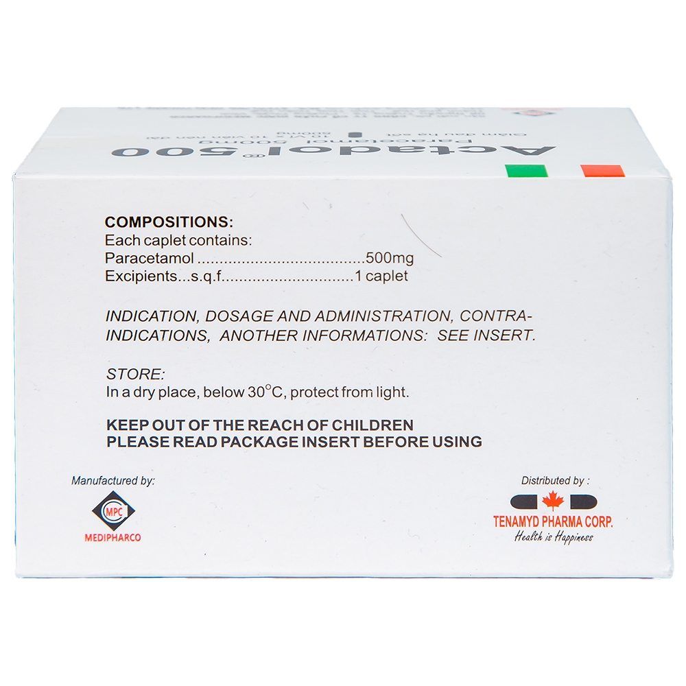 Hình ảnh Thuốc Actadol 500 Medipharco điều trị các chứng đau và sốt từ nhẹ đến vừa (10 vỉ x 10 viên)