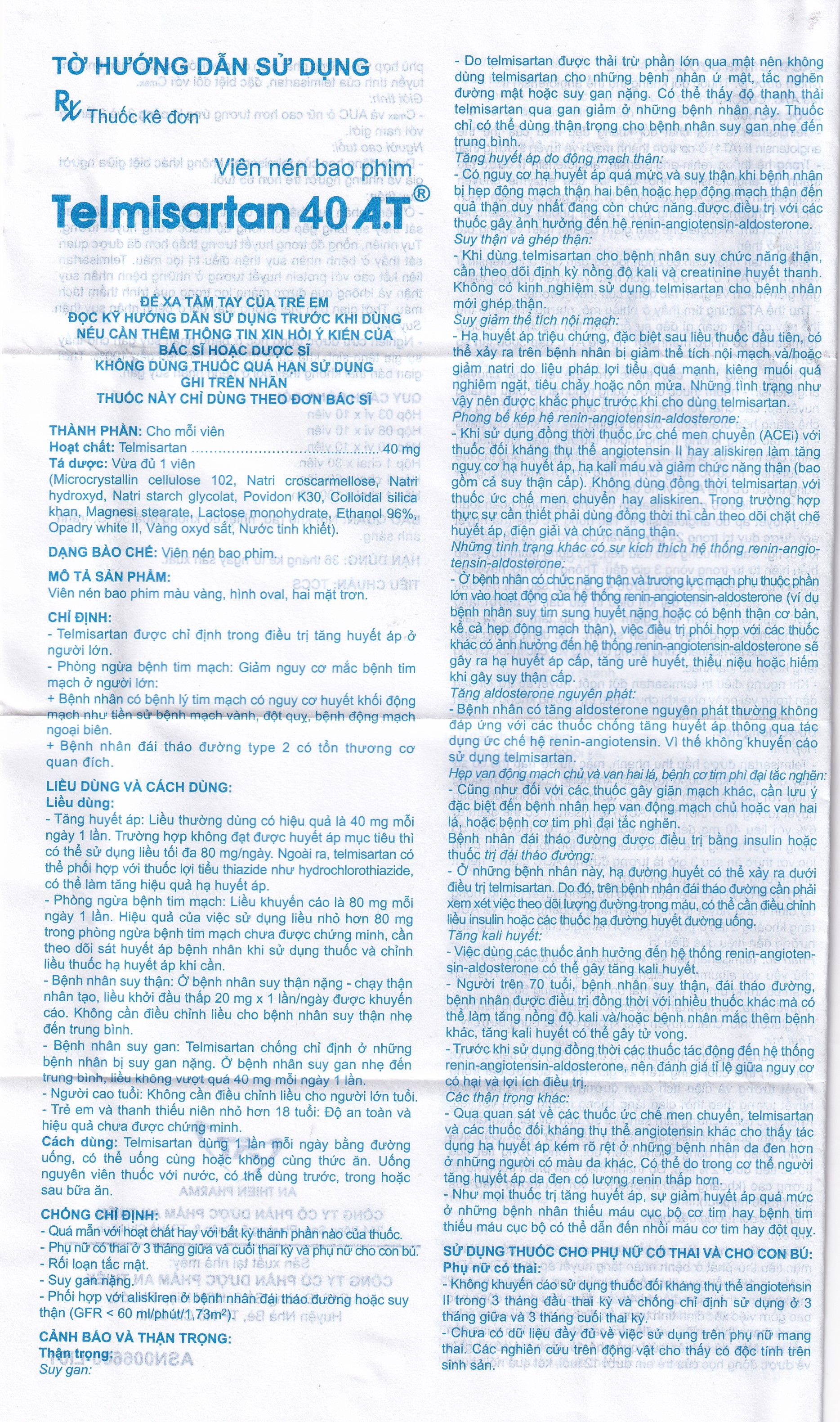 Hình ảnh Thuốc Telmisartan 40 A.T An Thiên điều trị tăng huyết áp (3 vỉ x 10 viên)