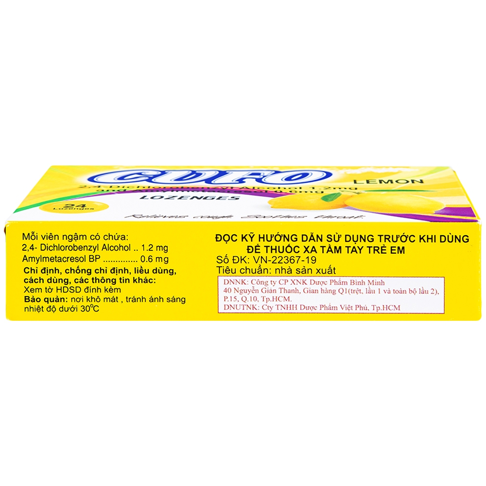 Hình ảnh Viên ngậm Cufo vị chanh hỗ trợ điều trị triệu chứng trong nhiễm khuẩn miệng và họng (2 vỉ x 12 viên)