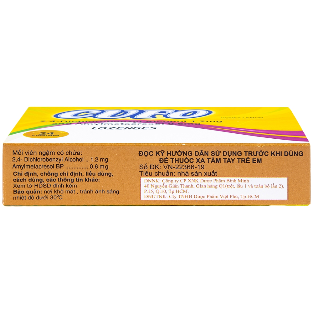 Hình ảnh Viên ngậm Cufo vị mật ong chanh hỗ trợ điều trị triệu chứng trong nhiễm khuẩn miệng và họng (2 vỉ x 12 viên)