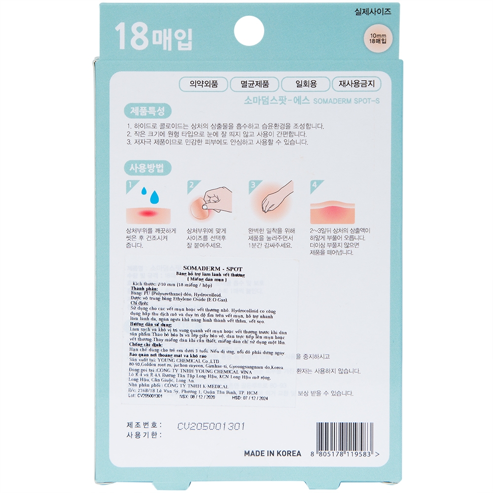 Hình ảnh Miếng dán mụn Somaderm - Spot Young Chemical Vina hỗ trợ làm lành vết thương (18 miếng)