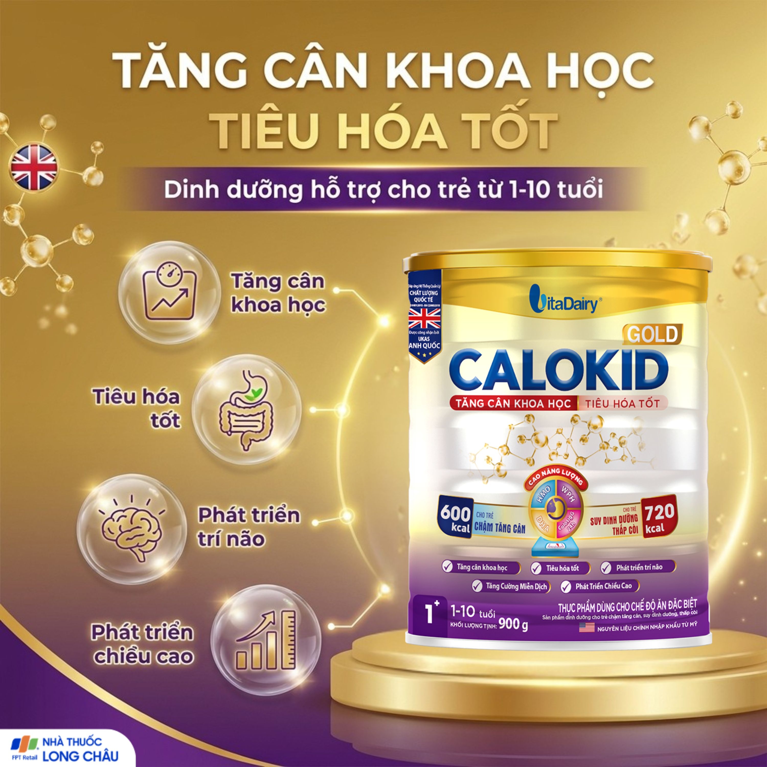 Hình ảnh Sữa hỗ trợ tăng cân khoa học và tiêu hóa tốt cho trẻ 1-10 tuổi Calokid Gold Vitadairy (900g)