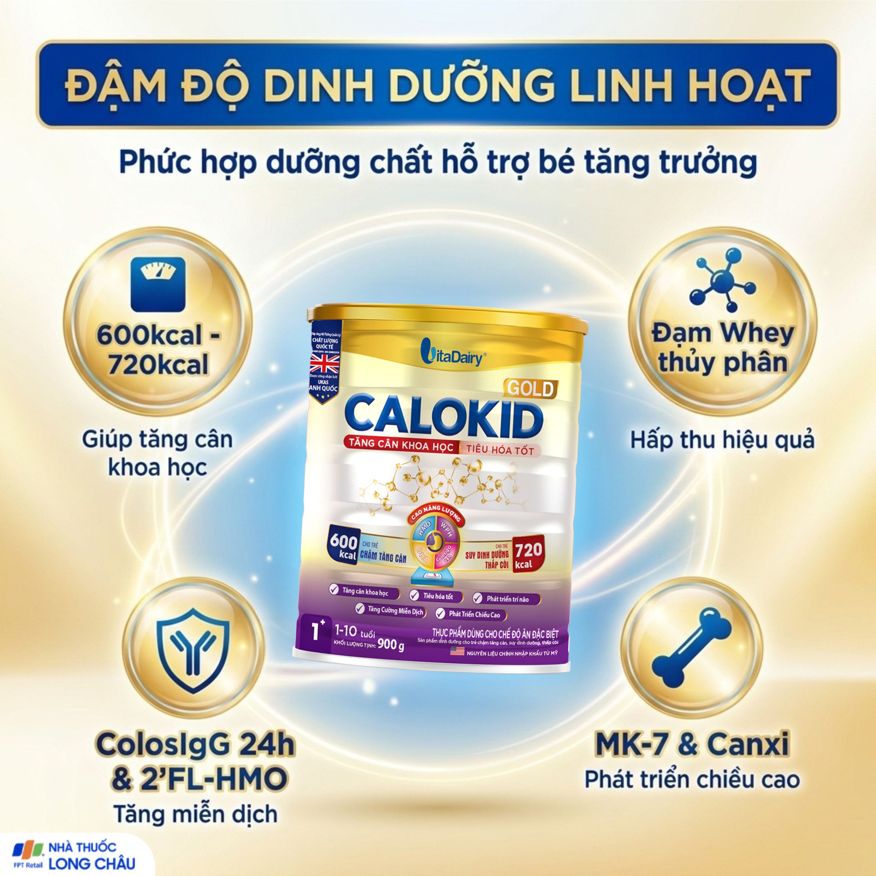 Hình ảnh Sữa hỗ trợ tăng cân khoa học và tiêu hóa tốt cho trẻ 1-10 tuổi Calokid Gold Vitadairy (900g)
