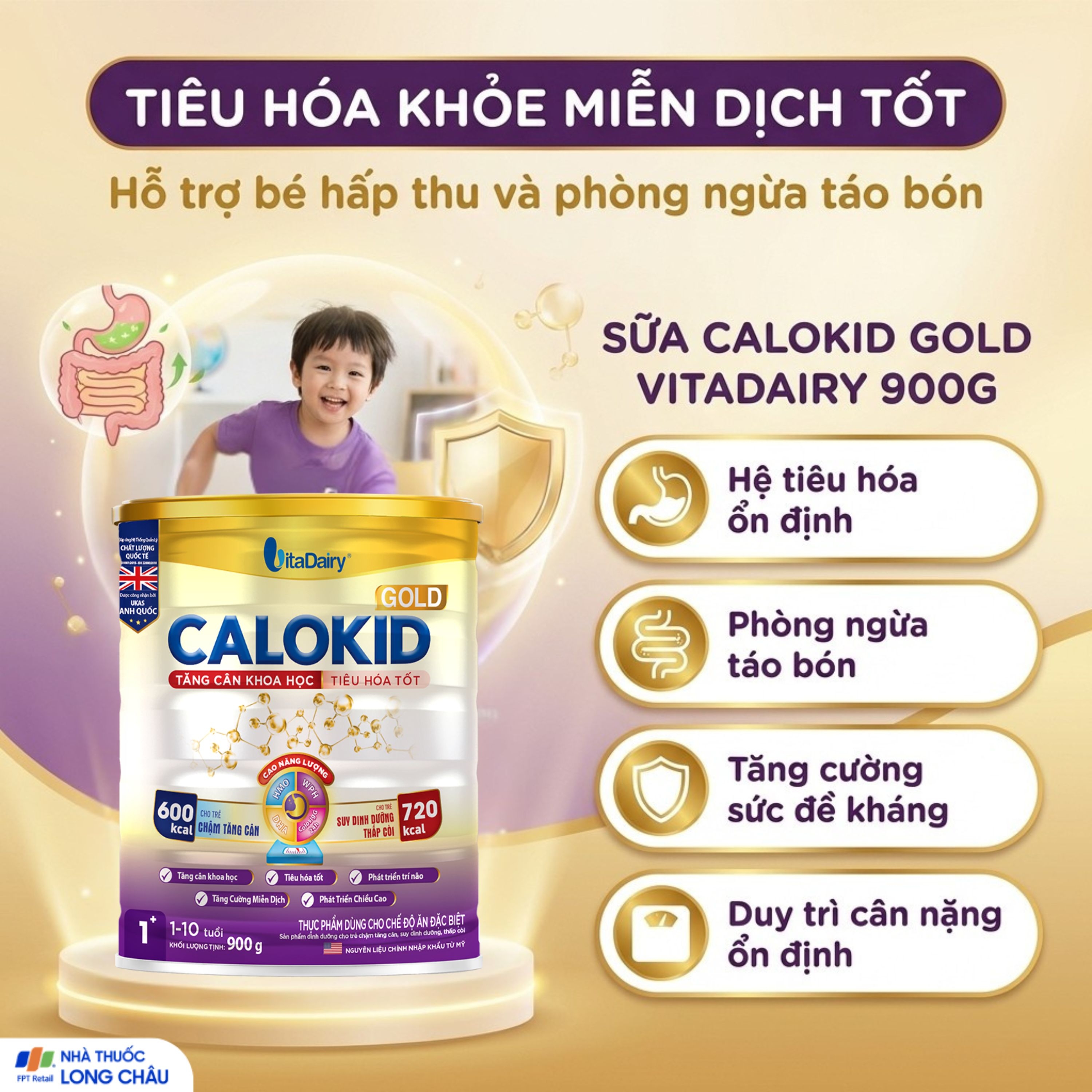 Hình ảnh Sữa hỗ trợ tăng cân khoa học và tiêu hóa tốt cho trẻ 1-10 tuổi Calokid Gold Vitadairy (900g)