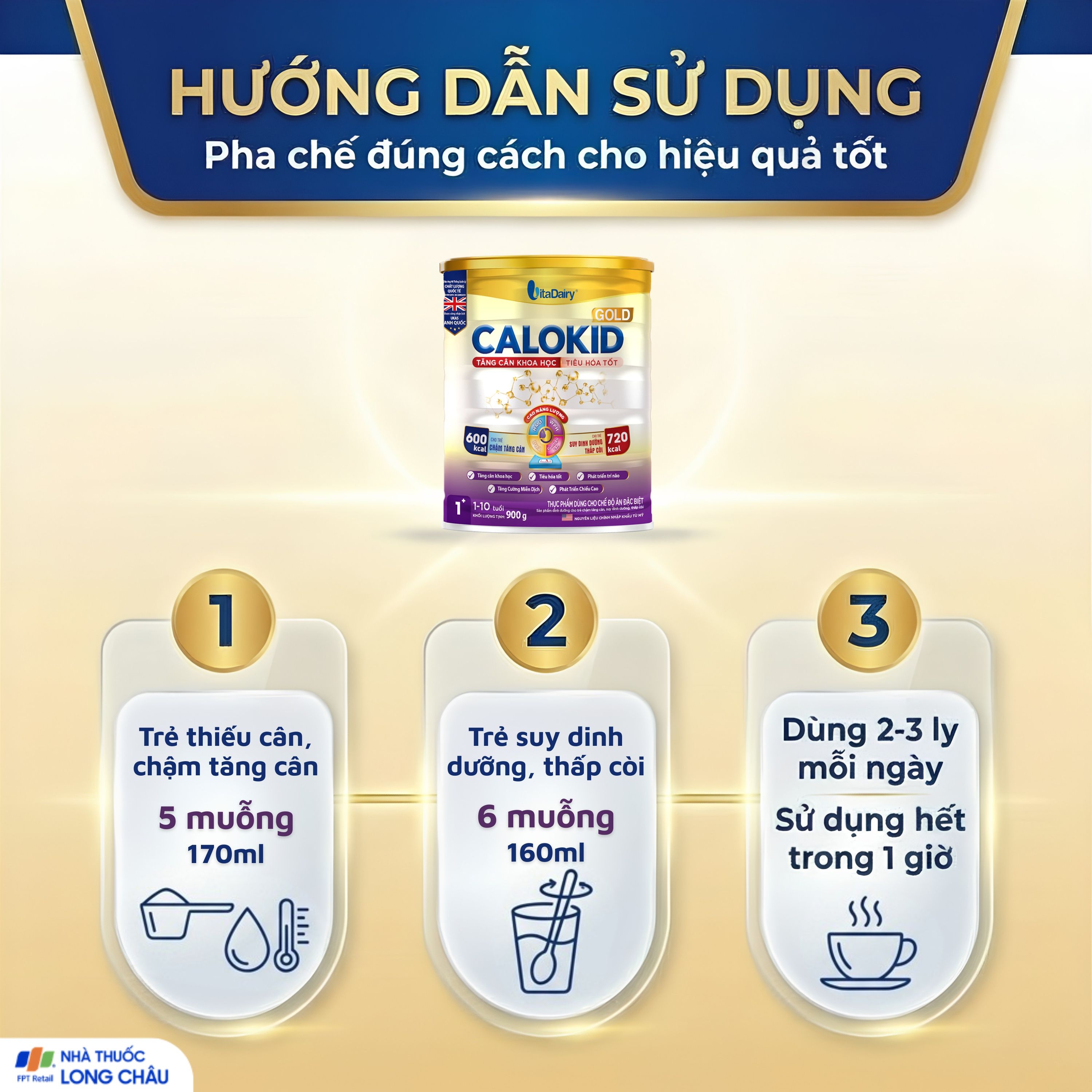 Hình ảnh Sữa hỗ trợ tăng cân khoa học và tiêu hóa tốt cho trẻ 1-10 tuổi Calokid Gold Vitadairy (900g)