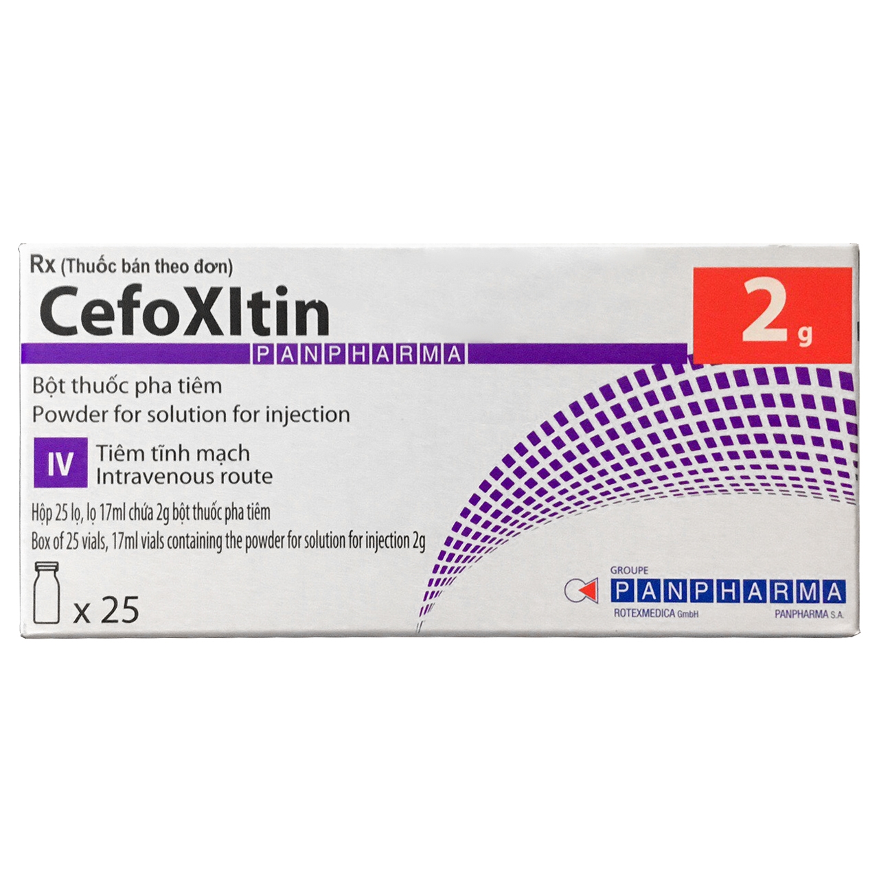 Hình ảnh Thuốc tiêm Cefoxitin 2mg PanPharma dùng dự phòng nhiễm khuẩn hậu phẫu (25 lọ)