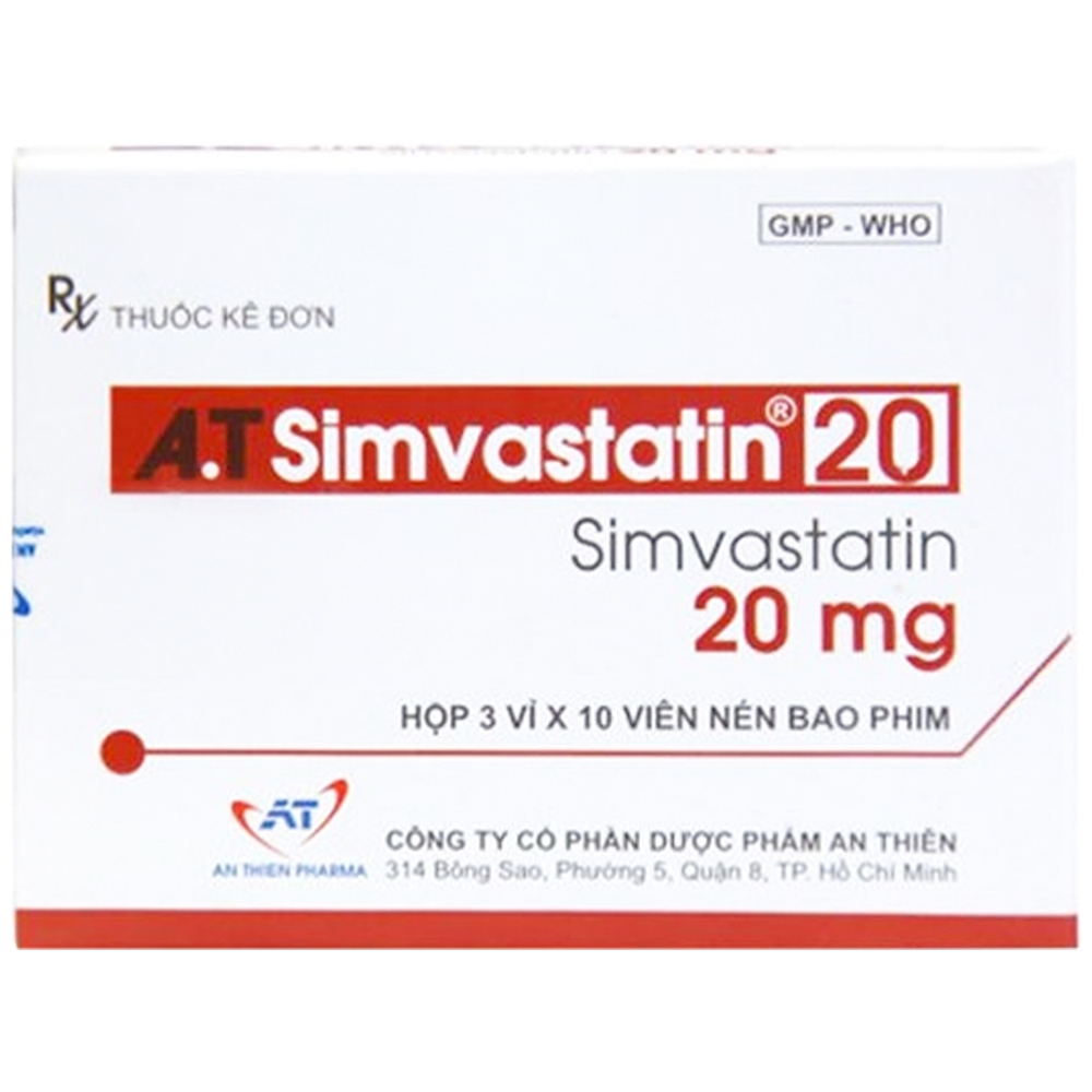 Hình ảnh Thuốc A.T Simvastatin 20mg An Thiên điều trị Tăng cholesterol máu nguyên phát (3 vỉ x 10 viên)