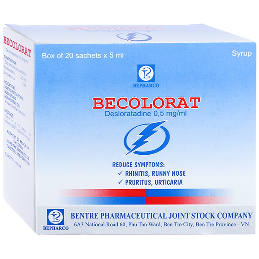Hình ảnh Siro Becolorat Bepharco giảm nhanh các triệu chứng viêm mũi dị ứng và mày đay (20 gói x 5ml)