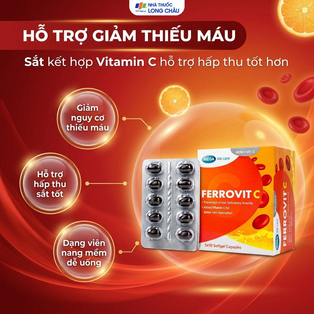 Hình ảnh Viên uống hỗ trợ giảm nguy cơ thiếu máu do thiếu sắt Ferrovit C Mega (3 vỉ x 10 viên)