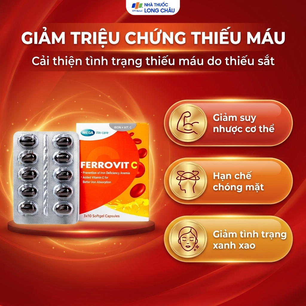 Hình ảnh Viên uống hỗ trợ giảm nguy cơ thiếu máu do thiếu sắt Ferrovit C Mega (3 vỉ x 10 viên)