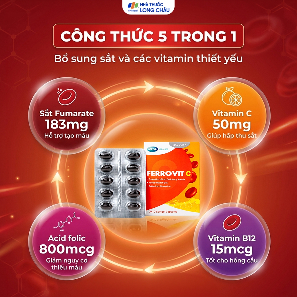 Hình ảnh Viên uống hỗ trợ giảm nguy cơ thiếu máu do thiếu sắt Ferrovit C Mega (3 vỉ x 10 viên)