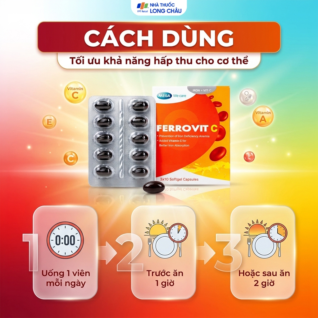 Hình ảnh Viên uống hỗ trợ giảm nguy cơ thiếu máu do thiếu sắt Ferrovit C Mega (3 vỉ x 10 viên)