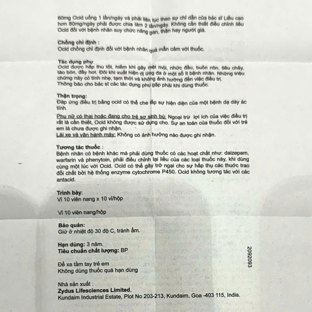 Hình ảnh Thuốc Ocid 20mg Zydus điều trị loét tá tràng, loét dạ dày (10 vỉ x 10 viên)