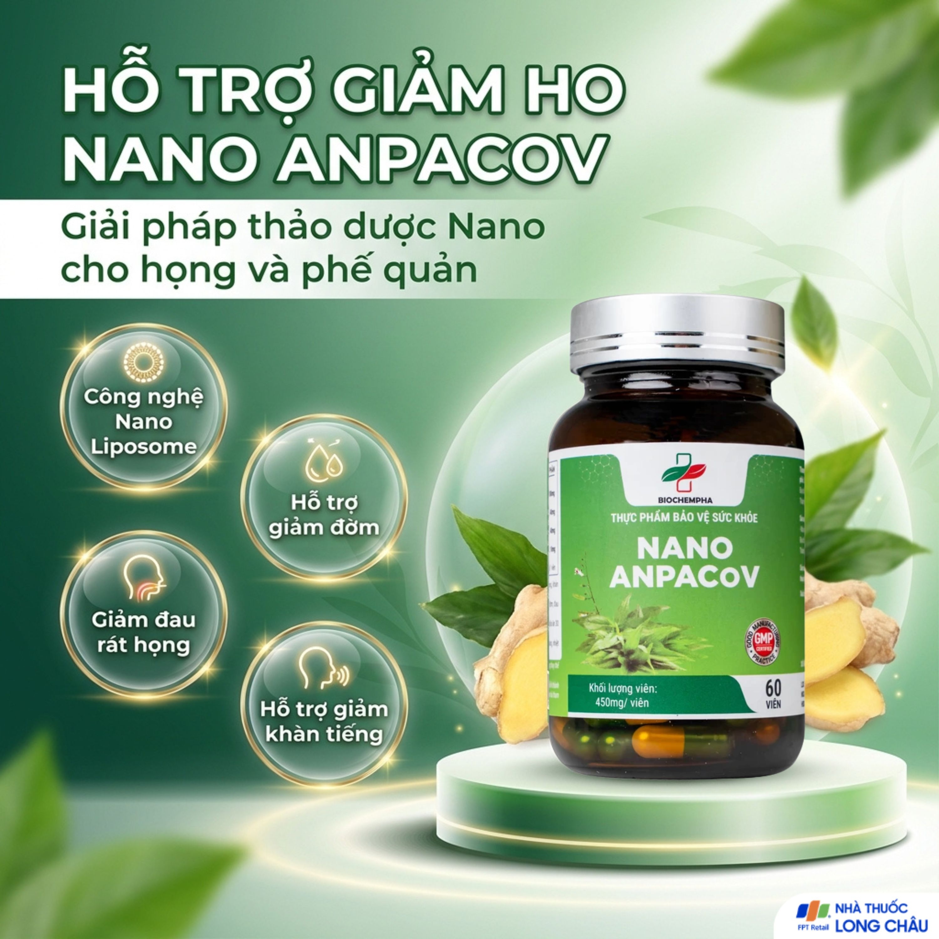Hình ảnh Viên uống giảm ho, giảm đờm, đau rát họng, viêm phế quản Nano Anpacov Biochempha (60 viên)