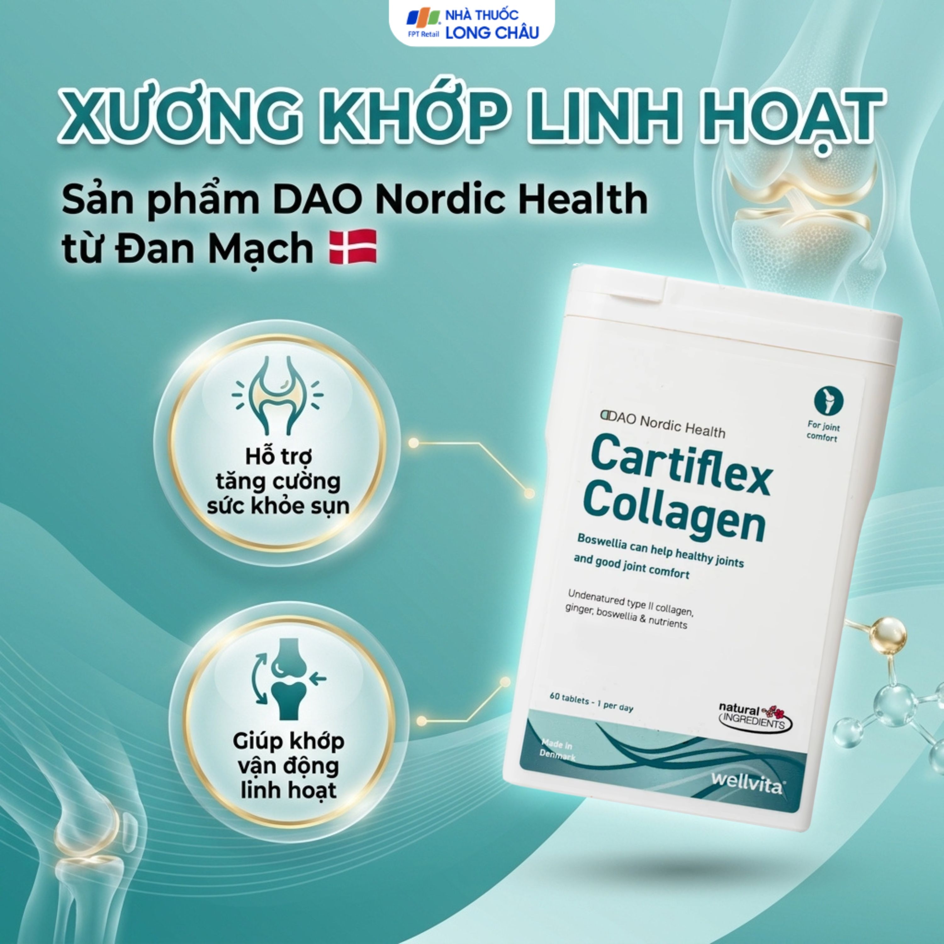 Hình ảnh Viên uống hỗ trợ tăng cường sức khỏe xương khớp Cartiflex Collagen DAO Nordic Health (60 viên)