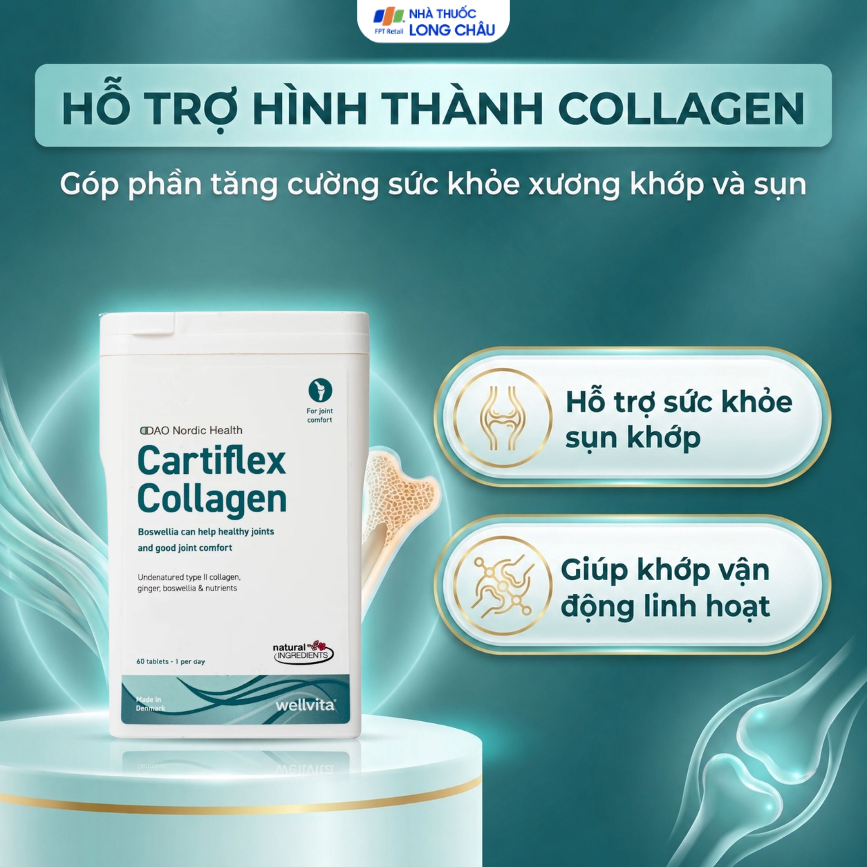 Hình ảnh Viên uống hỗ trợ tăng cường sức khỏe xương khớp Cartiflex Collagen DAO Nordic Health (60 viên)