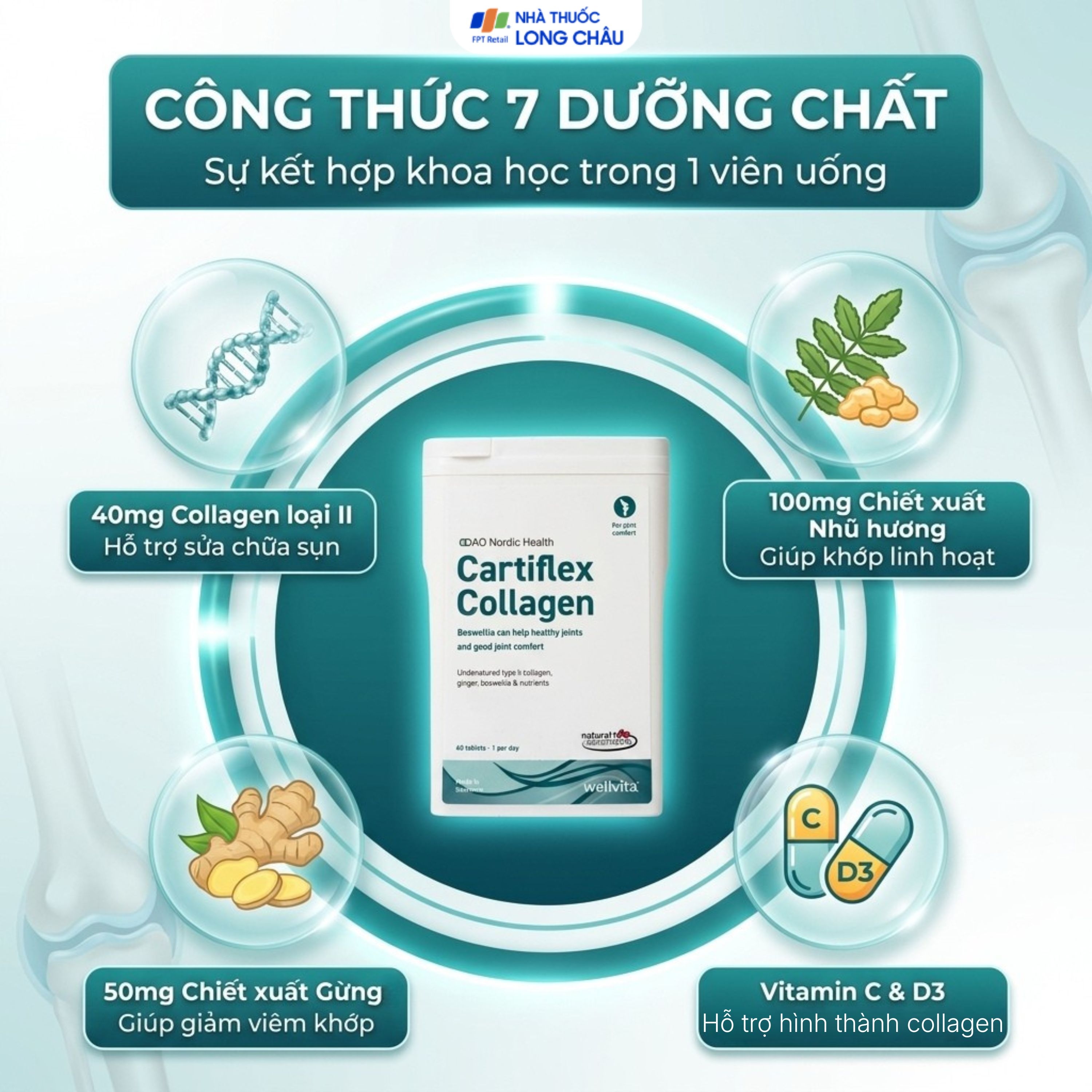 Hình ảnh Viên uống hỗ trợ tăng cường sức khỏe xương khớp Cartiflex Collagen DAO Nordic Health (60 viên)
