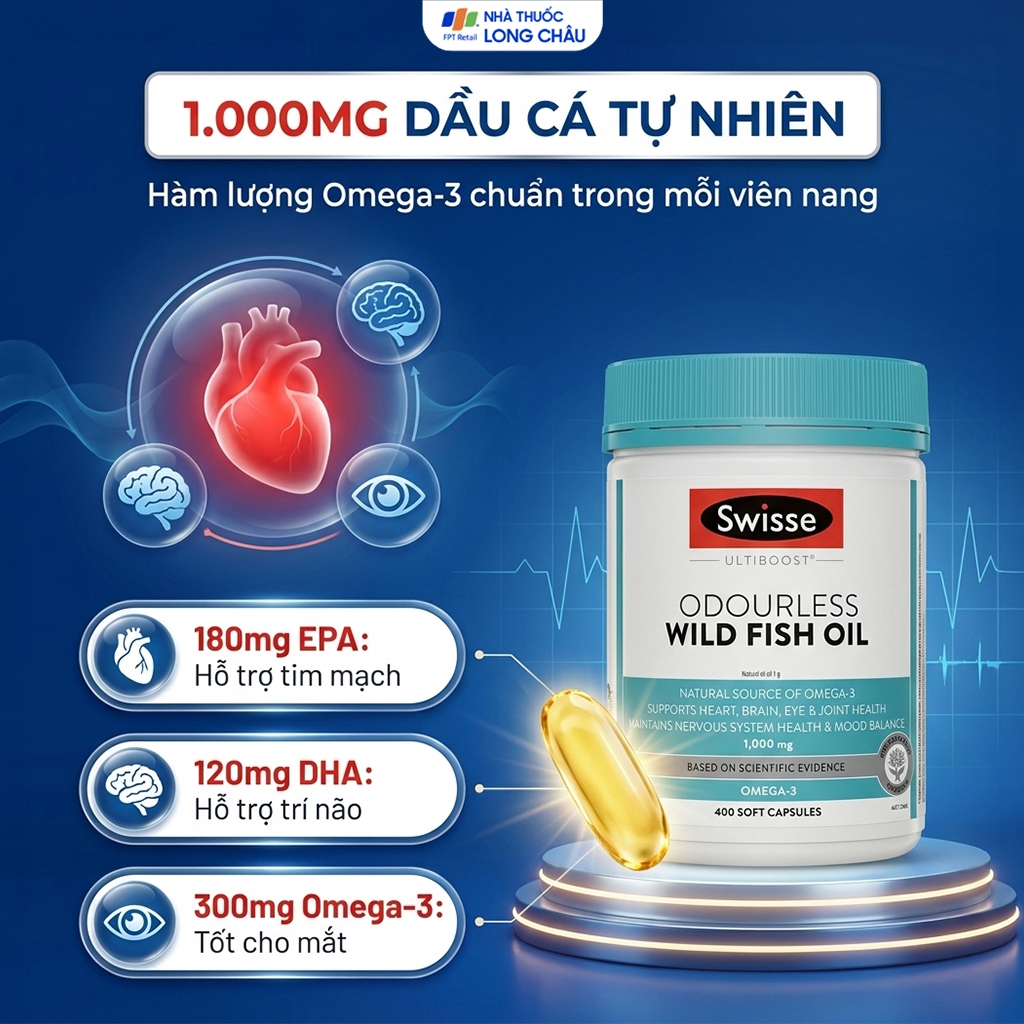Hình ảnh Viên uống tốt cho tim mạch, mắt, não Odourless Wild Fish Oil Swisse (400 viên)