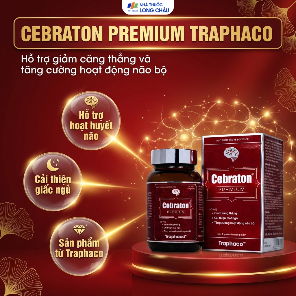 Hình ảnh Viên uống hỗ trợ giảm căng thẳng, cải thiện mất ngủ, tăng cường hoạt động não bộ Cebraton Premium Traphaco (Hộp 60 viên)