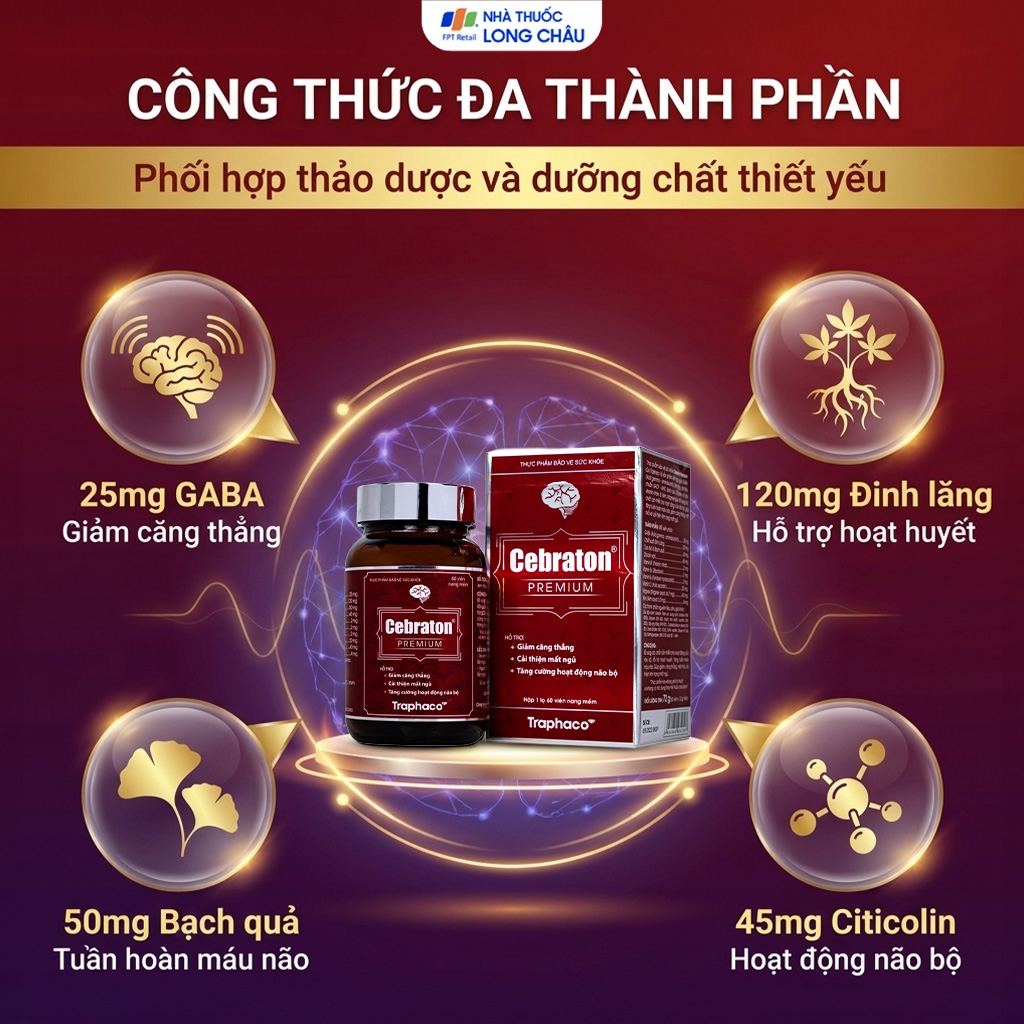 Hình ảnh Viên uống hỗ trợ giảm căng thẳng, cải thiện mất ngủ, tăng cường hoạt động não bộ Cebraton Premium Traphaco (Hộp 60 viên)