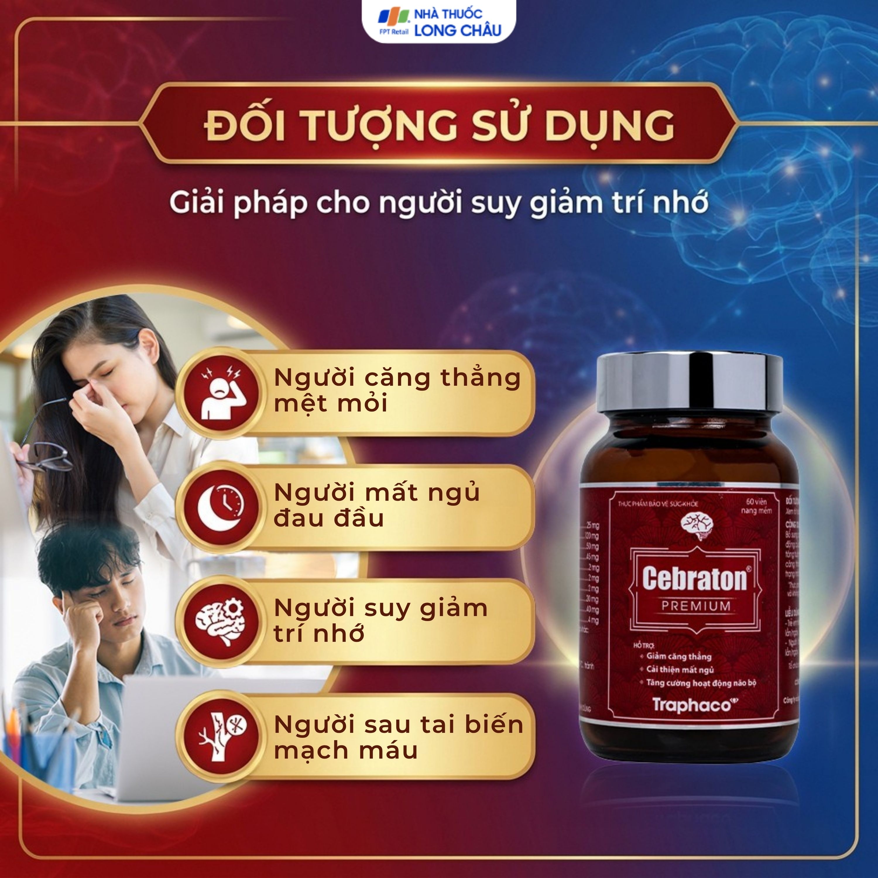 Hình ảnh Viên uống hỗ trợ giảm căng thẳng, cải thiện mất ngủ, tăng cường hoạt động não bộ Cebraton Premium Traphaco (Hộp 60 viên)