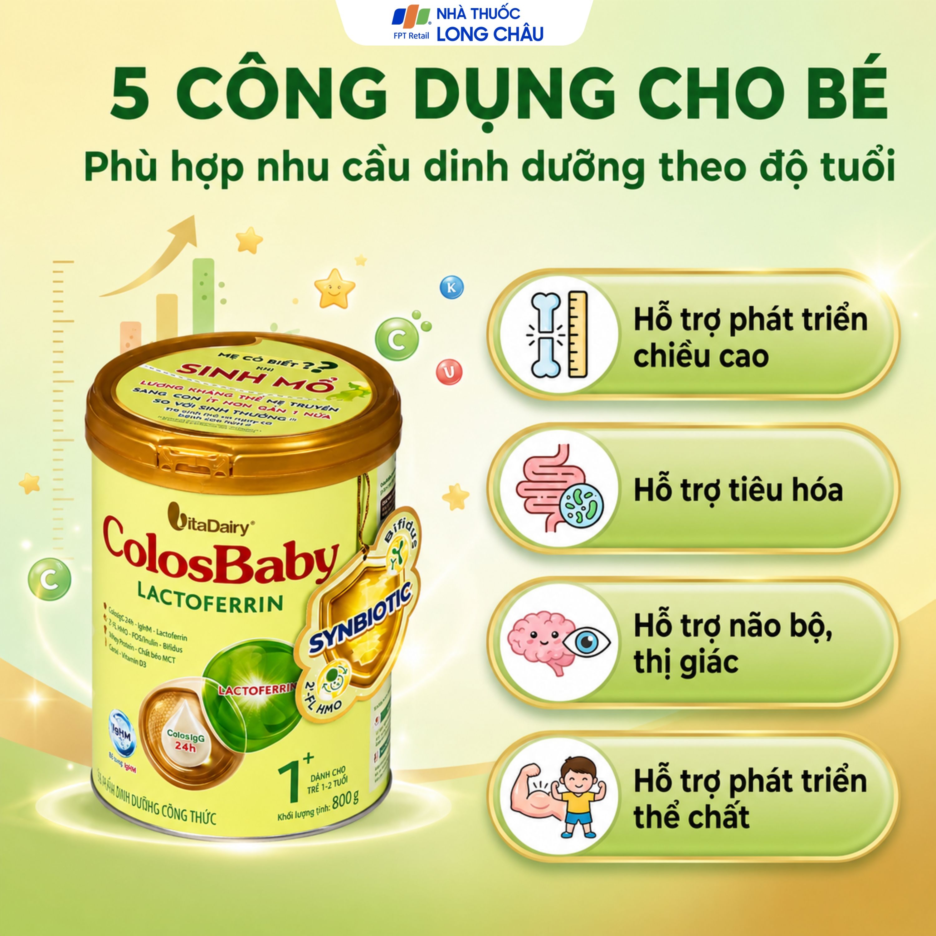 Hình ảnh Sữa hỗ trợ tăng đề kháng cho trẻ 1-2 tuổi Colosbaby Lactoferrin 1+ Vitadairy (800g)