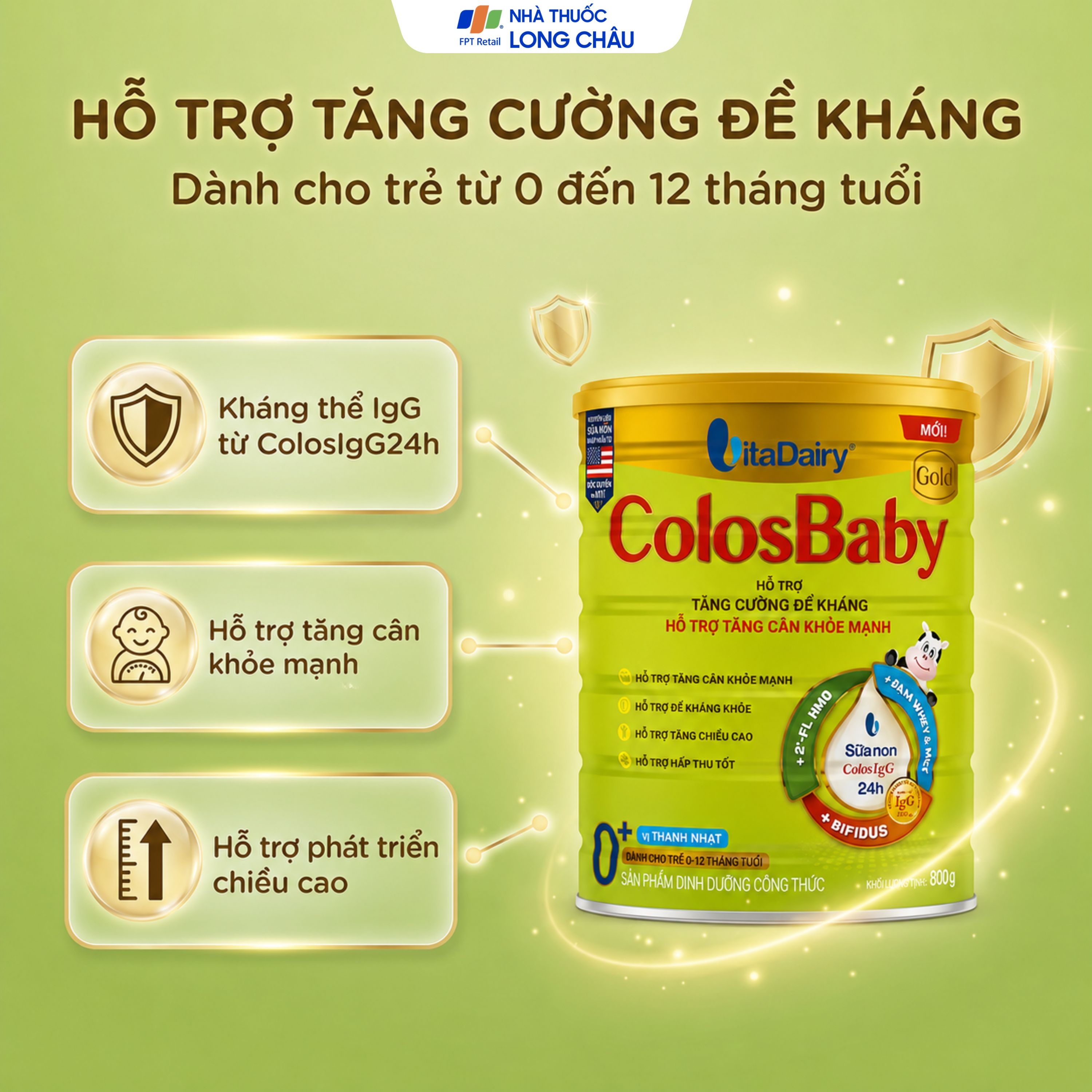 Hình ảnh Sữa hỗ trợ tăng cường đề kháng, tăng cân khỏe mạnh cho trẻ 0-12 tháng tuổi Colosbaby gold 0+ Vitadairy (800g)