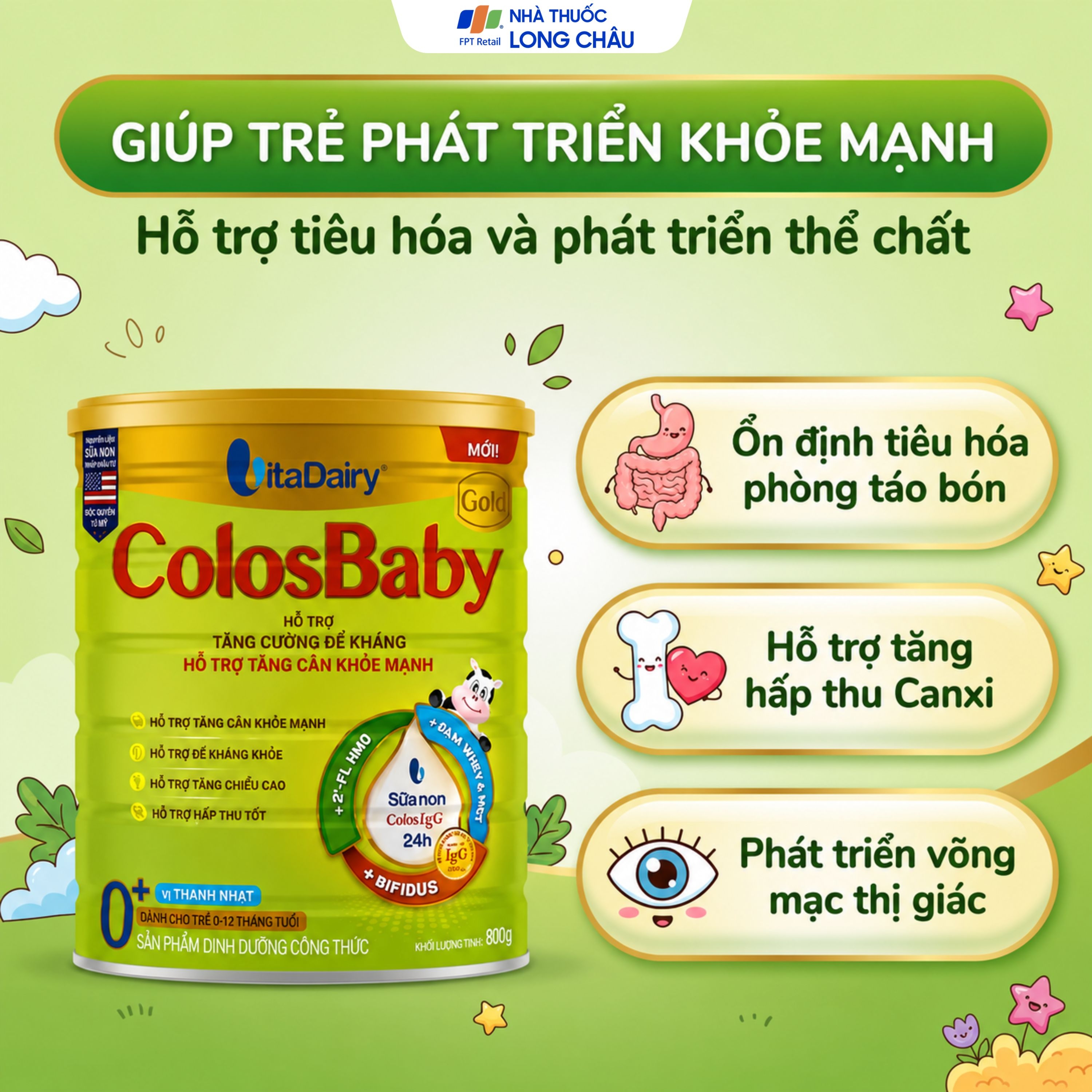 Hình ảnh Sữa hỗ trợ tăng cường đề kháng, tăng cân khỏe mạnh cho trẻ 0-12 tháng tuổi Colosbaby gold 0+ Vitadairy (800g)