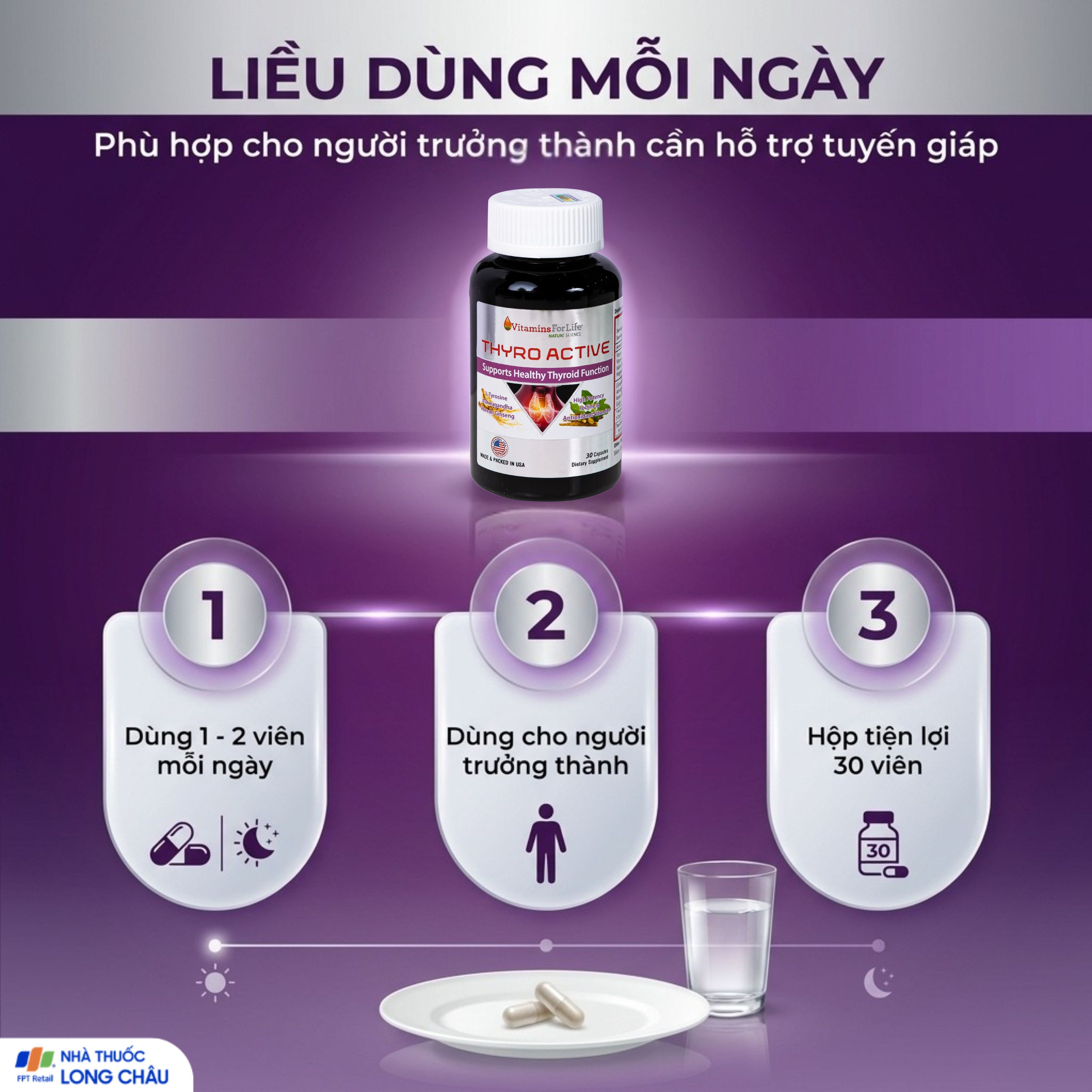 Hình ảnh Viên uống bổ sung L-Tyrosine, I-ốt, hỗ trợ tăng cường chức năng tuyến giáp Thyro Active Vitamins For Life (Hộp 30 viên)