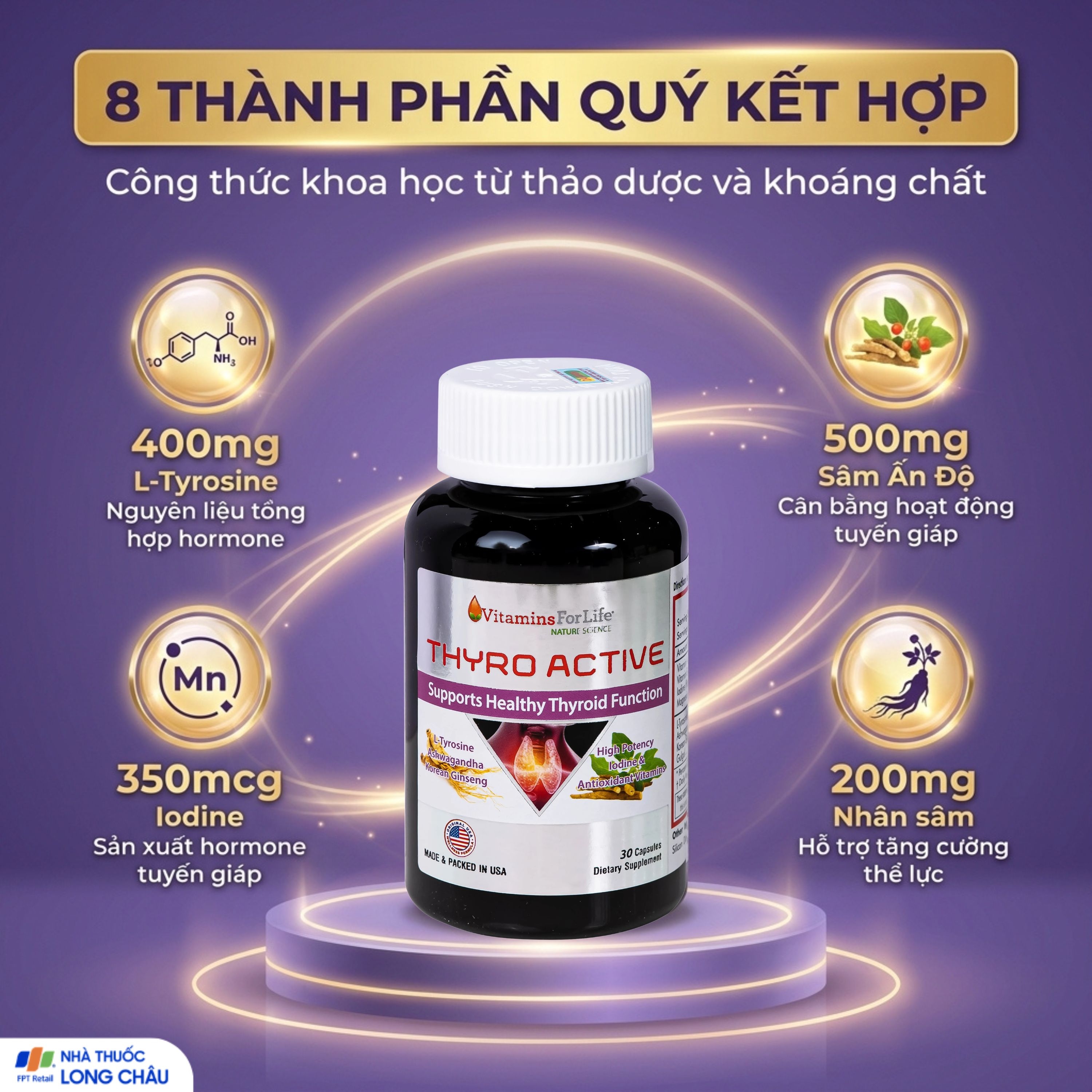 Hình ảnh Viên uống bổ sung L-Tyrosine, I-ốt, hỗ trợ tăng cường chức năng tuyến giáp Thyro Active Vitamins For Life (Hộp 30 viên)